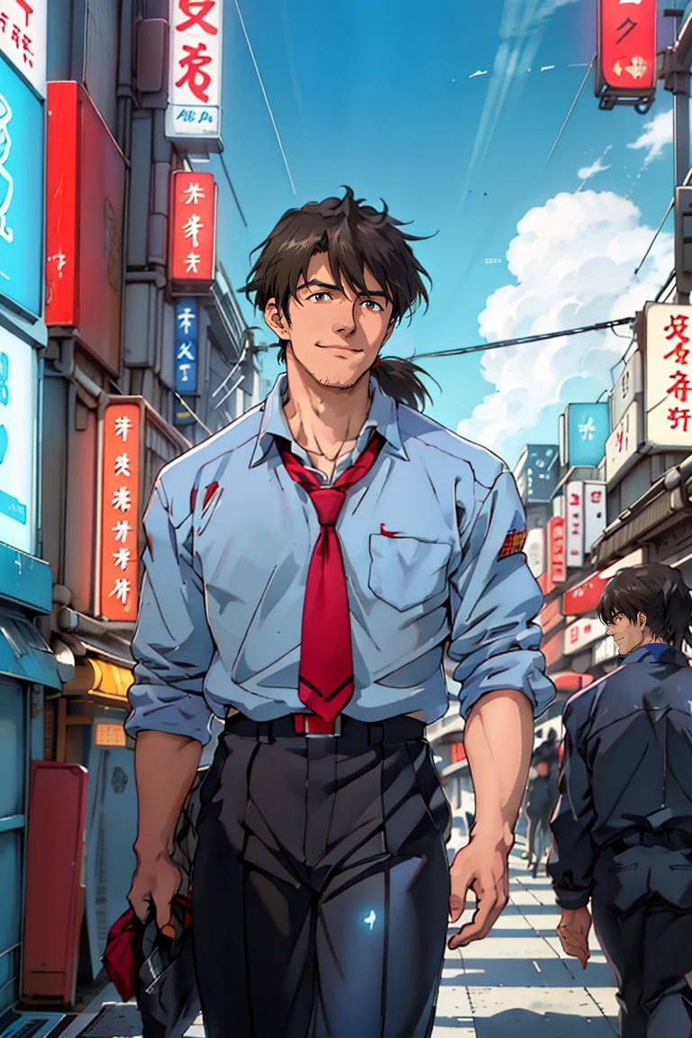 (1 image only),  solo male,  Ryoji Kaji,  Neon Genesis Evangelion style,  Asian,  Japanese,  dark brown hair,  bangs,  short ponytail,  dark brown eyes,  (thin stubble),  pure blue collared shirt,  red sleeves rolled up,  necktie,  black pants,  smile,  (mature,  masculine),  handsome,  charming,  alluring,  perfect anatomy,  perfect proportions,  (best quality,  masterpiece),  ((perfect eyes,  perfect eye pupil)),  perfect hands,  high_resolution,  dutch angle,  standing,  (simple blue ocean background,  simple blue sky,  sunny),  walking,  (black jacket over shoulder),  Tokyo-3,  cyberpunk,  neon-lit cityscapes,  futuristic,<lora:EMS-296078-EMS:0.700000>,<lora:EMS-262856-EMS:0.700000>