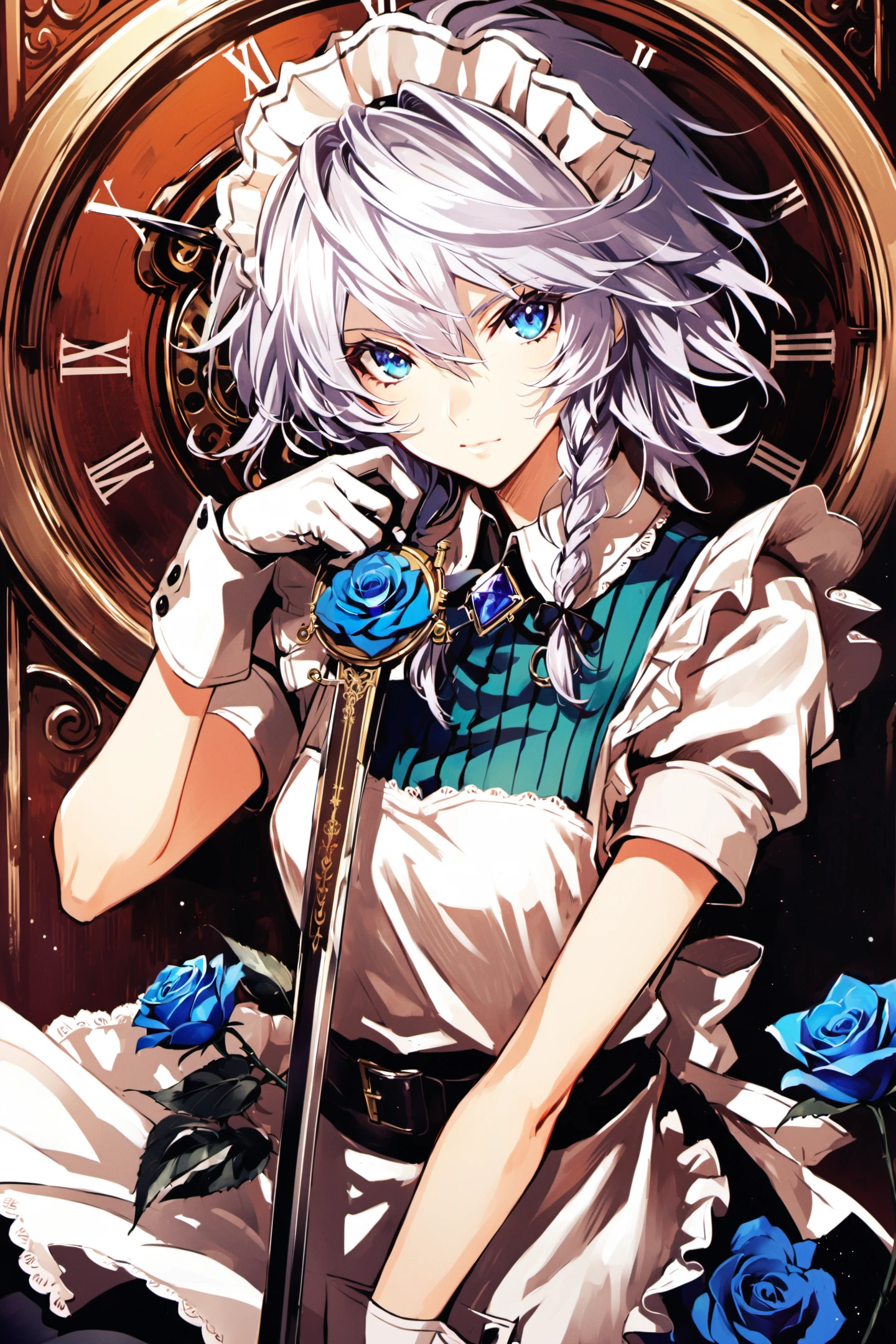 1girl, solo, flower, blue rose, rose, blue flower, izayoi sakuya, white hair, sword, blue eyes, short hair, gloves, apron, braid, maid, twin braids, maid headdress, clock, pocket watch, looking at viewer,<lora:Banpai Akira_XL:0.8>
