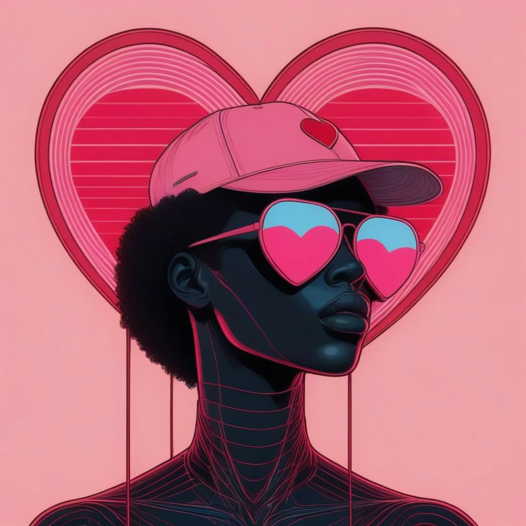 <lora:blacklove:1> Black Love, Pop Art style portrait, individual, 1girl, dark skin, afro-textured hair, heart-shaped pink sunglasses, striped heart background, fitted baseball cap with a heart emblem, subtle patterns, cool and contemporary vibe, vibrant and striking, trending on ArtStation.