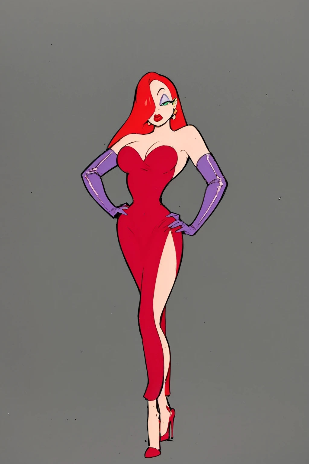masterpiece, best quality, barefoot, tied to a chair,
1girl, jessicarab, red hair, long hair, hair over one eye, green eyes, bare shoulders, cleavage, red dress, strapless, elbow purple gloves, lipstick, makeup, side slit, full body, solo, looking at viewer, simple background