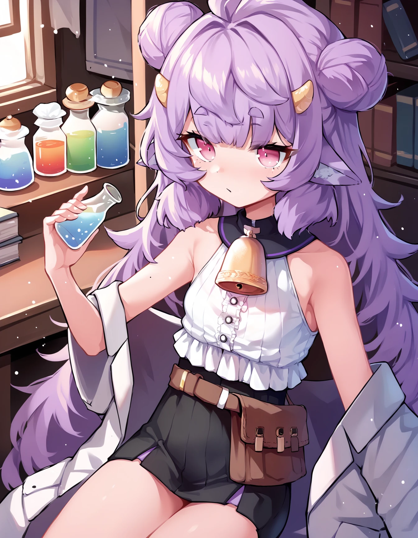 score_9, score_8_up, score_7_up, score_6_up, score_5_up, score_4_up, source_anime, BREAK , 1girl, muu muyu,cowboy shot,  long hair, purple hair, pink eyes, bell, double bun, animal ears, white shirt, bare shoulders, black skirt, vial, sitting,<lora:muyu:1>