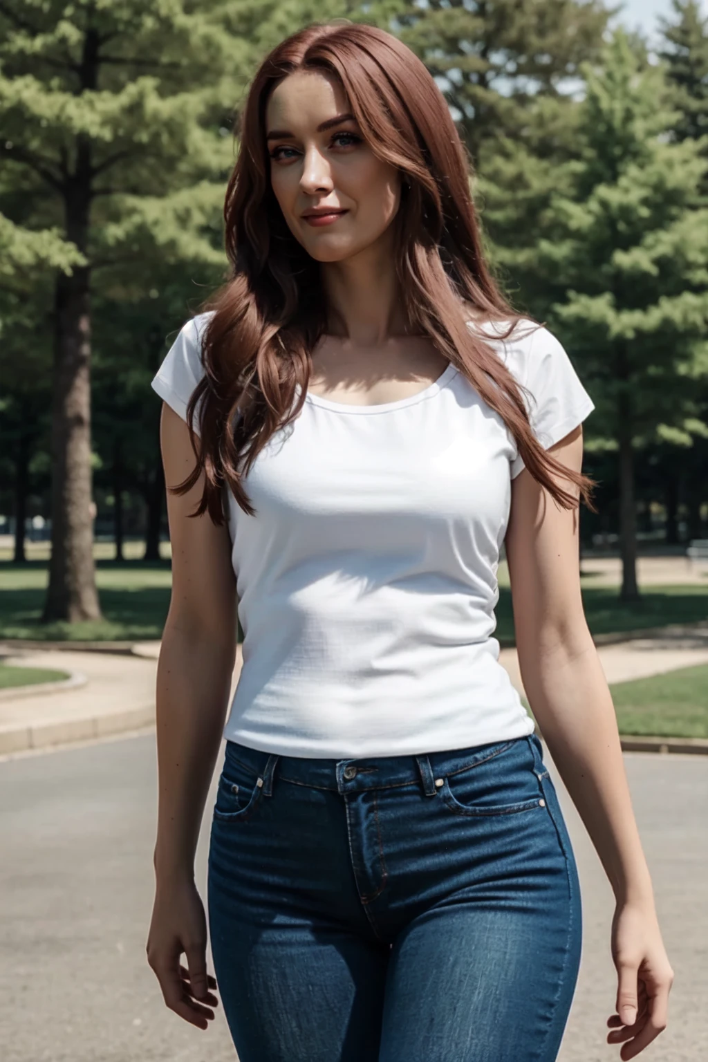 <lora:mondongo_LoRA_DominiqueMcElligott_v2:1> mndngwmn, long hair, wearing a plain t-shirt and jeans, on the park, (ultra realistic, 8k,high quality)