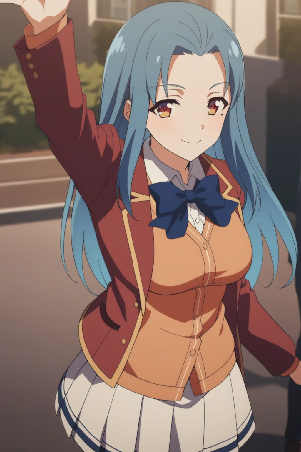 <lora:HasebeHaruka_AnimagineXLV3:0.8>  hasebeharuka, 1girl, blue hair, mole under eye, brown eyes, school uniform, red blazer, blue bowtie, sweater vest, white skirt, pleated skirt, waving arm, smile, looking at viewer, 
[anime screencap::0.7], masterpiece,best quality,