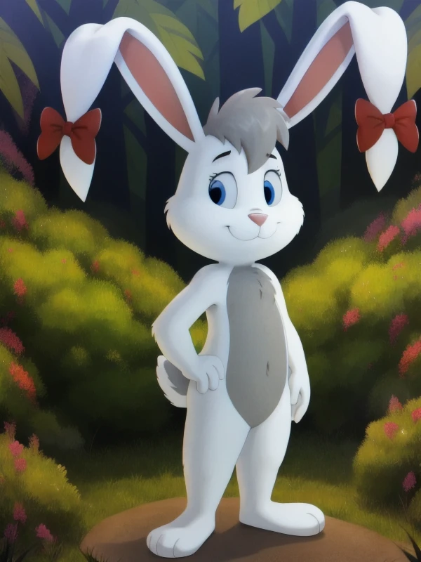 <lora:Beehonie4:0.8>, solo, cute, cub, small body, dwarf, Beehonie, wild rabbit, girl, white body, white head, white arms, white legs, gray belly, gray hair, blue eyes, pink nose, red bows on the ears, mouth closed, hand on the belt, standing, in the forest, masterpiece, detailed, detailed background, 8k, 4k, detailed shaders