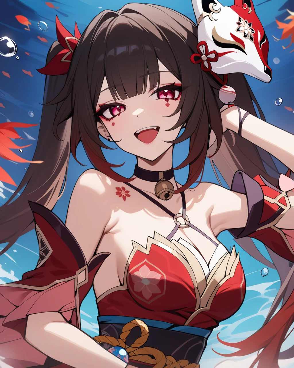 masterpiece,best quality,<lora:sparkle:1>,sparkle \(honkai: star rail\), 1girl, breasts, red nails, cleavage, mask, solo, open mouth, fish, looking at viewer, medium breasts, bare shoulders, nail polish, upper body, smile, fox mask, mask on head, red eyes