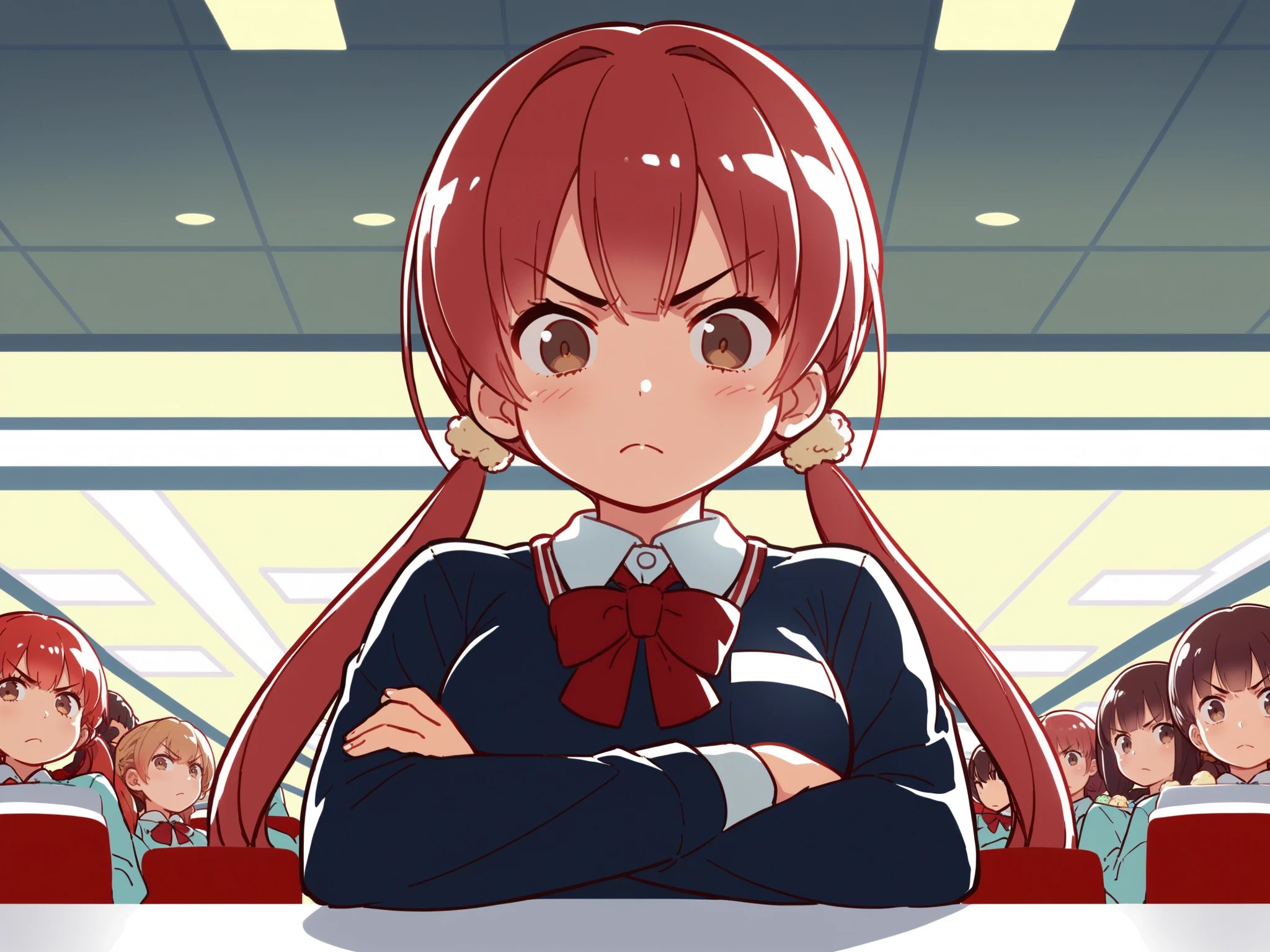score_9,source_anime,1girl,light blush,upper body,angry,crossed arms,frown,from below,medium breasts,red hair,long pigtails,beautiful_detailed_eyes,brown eyes,sitting,looking at viewer,school uniform,restaurant,ice cream,<lora:Himukai_Yuuji_XL:0.8>,