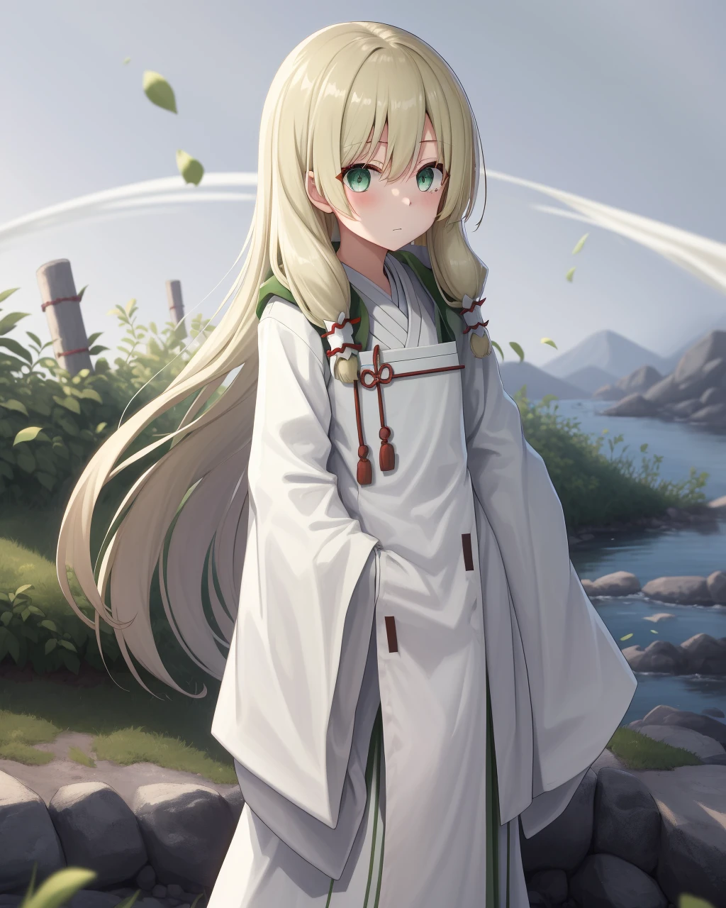 <lora:Kokudo_Aya-10:1>,1girl, solo,green eyes,blond hair,very long hair,sidelocks,hair tubes,hair between eyes,long sleeves, japanese clothes,wide sleeves, kimono, sleeves past wrists,White hakama,miko,green stripes,tabi,