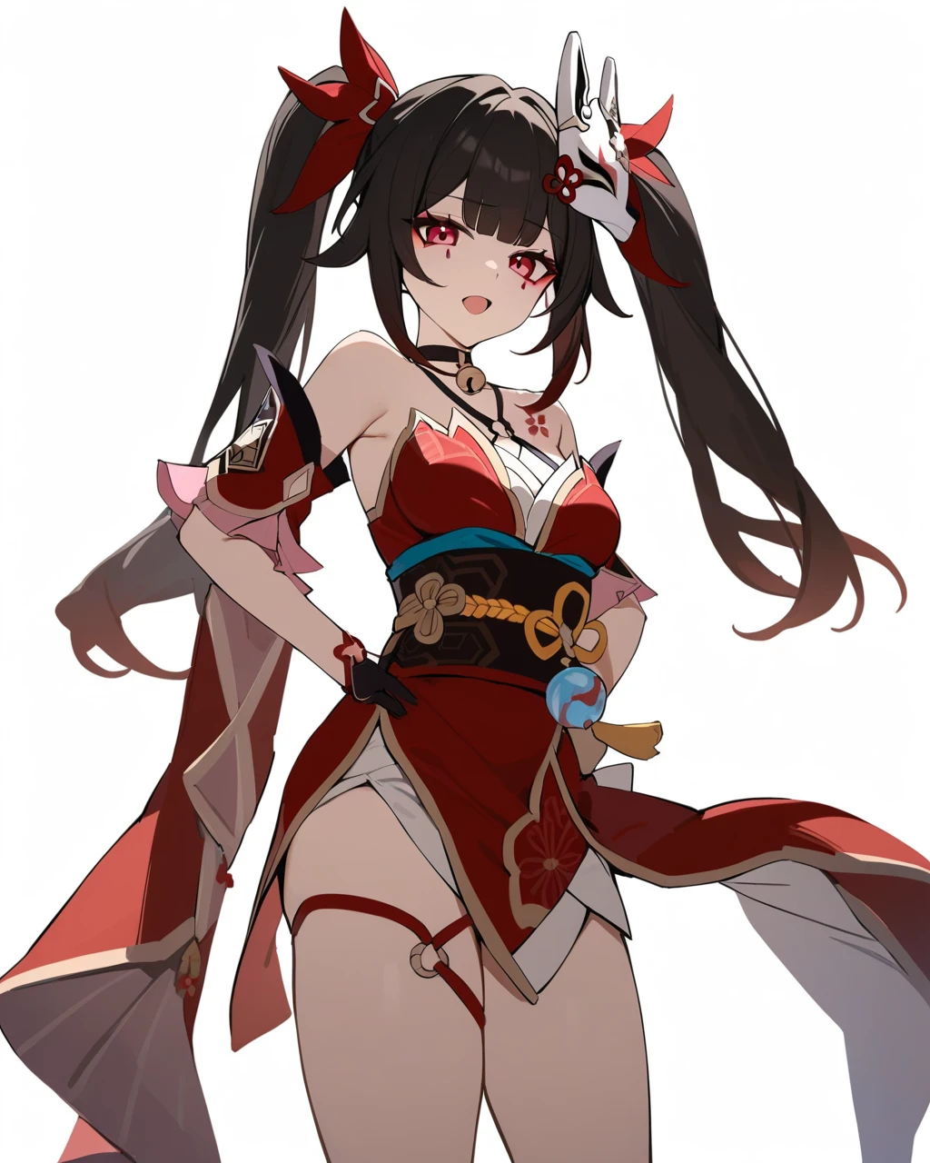 masterpiece,best quality,<lora:sparkle:1>,sparkle \(honkai: star rail\), 1girl, gloves, solo, hands on hips, white background, open mouth, choker, black gloves, simple background, black choker, mask, bare shoulders, sash, detached sleeves, obi, red dress, japanese clothes, looking at viewer, dress, hair ornament, red eyes