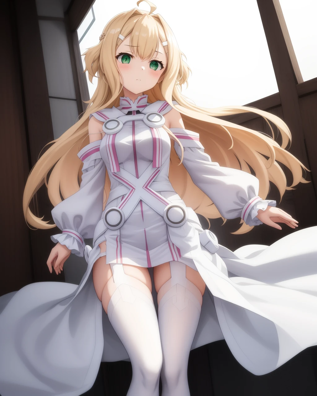 <lora:Iyojima_Anzu-10:0.8>,1girl,solo,long hair,blonde hair,green eyes,ahoge,white hairpin,hair intakes,dress,detached sleeves, white dress, white thighhighs, garter straps,