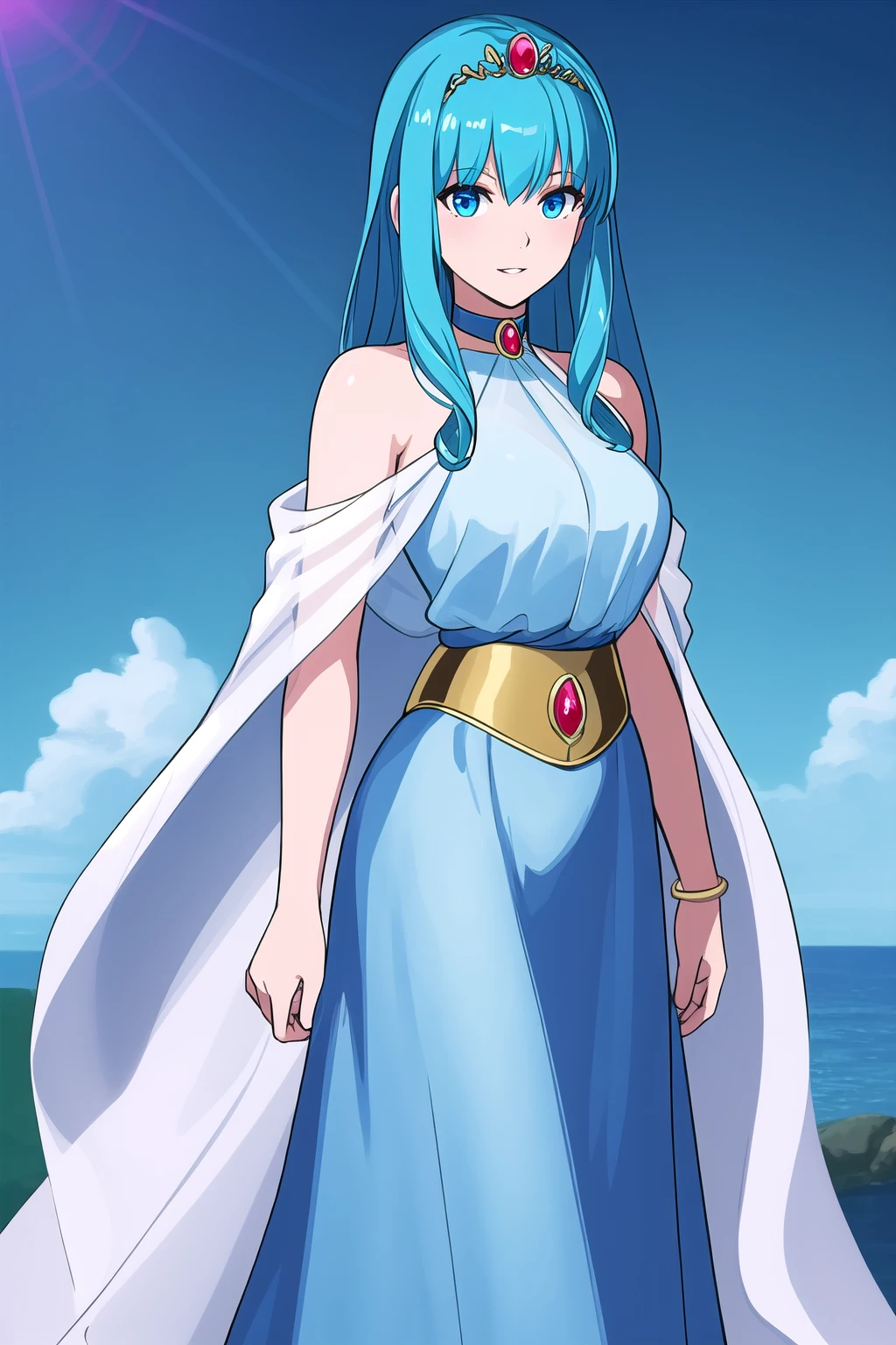 (masterpiece, best quality), highly detailed background, perfect lightingbest quality, maiaPS, solo, outdoors, blue sky, fantasy, light blue hair, tiara, gem, circlet, bangs, long hair, makeup, blue eyes, choker, collar, jewelry, breasts, blue dress, long dress, sleeveless, bare shoulders, shoulder cutout, clothing cutout, smile, closed mouth, parted lips, pink lips, <lora:Marina-Le-Cille:0.7>