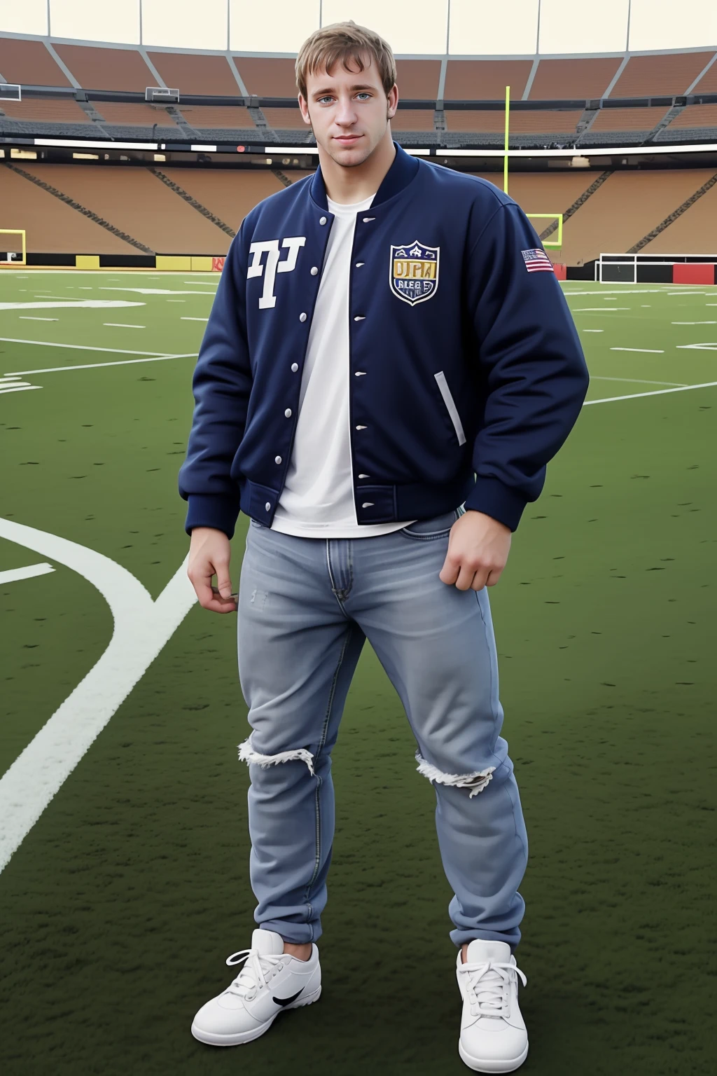 <lora:cf_lucas-07 (1):0.8> photo of cflucas, confident expression, standing on a football field, wearing a letterman jacket and jeans and white sneakers