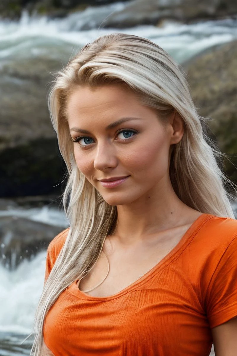 portrait of S323_AnnelyGerritsen,a beautiful woman,in a (rocky-rapids:1.1),wearing an (orange t-shirt:1.1),(wet-hair),(4k, RAW photo, best quality, depth of field, ultra high res:1.1),(absurdres, intricate, photorealistic, masterpiece, ultra-detailed:1.1),
