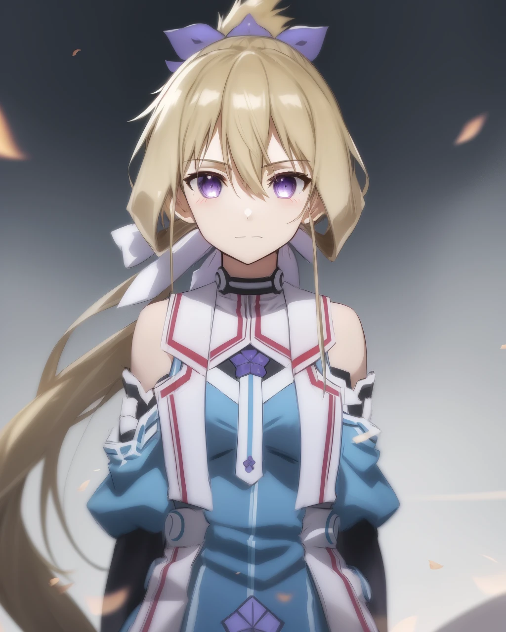 <lora:Nogi_Wakaba-10:0.8>,1girl, solo, blonde hair,very long hair,purple eyes, ponytail,hair between eyes, ribbon, bare shoulders, blue dress, blue sleeves,Magic Girl,