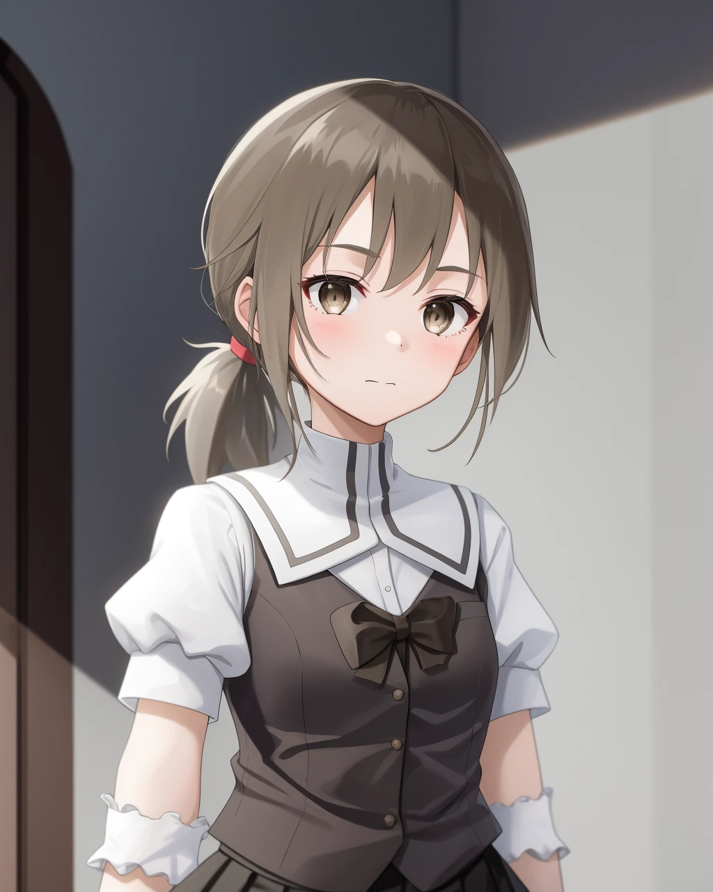 <lora:minowa_gin-10:0.8>1girl, solo,brown hair,brown eyes,low ponytail, school uniform,pleated skirt, black skirt, puffy sleeves, vest,