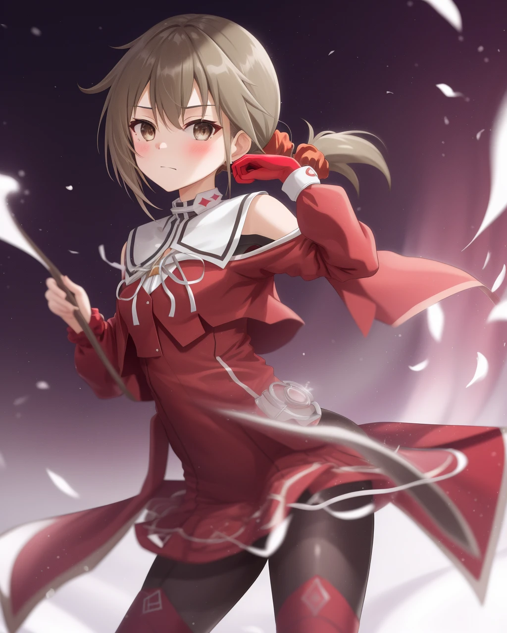 <lora:minowa_gin-10:0.8>1girl, solo,brown hair,brown eyes,low ponytail, bodysuit, red jacket,magical girl,red scrunchie,red dress, red thighhighs,Magic Girl,