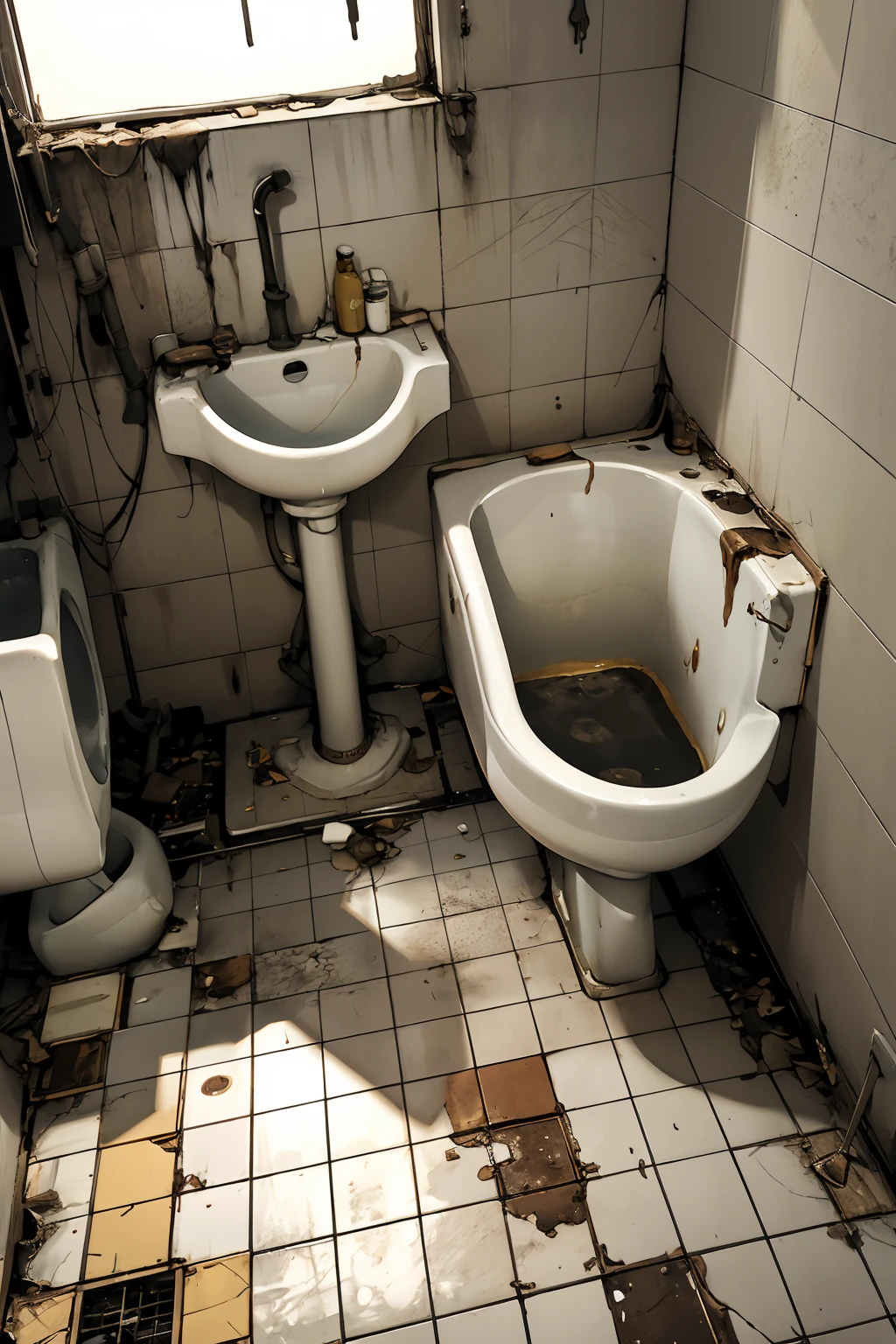 <lora:0250 dirty urinal_v2:1>,ruanyi0250,indoors,tile floor,tile wall,horror \(theme\),no humans,urinal,industrial pipe,shadow,(red-panic-button-positive:1.1),crack,, best quality,masterpiece,highres,official art,extremely detailed cg unity 8k wallpaper