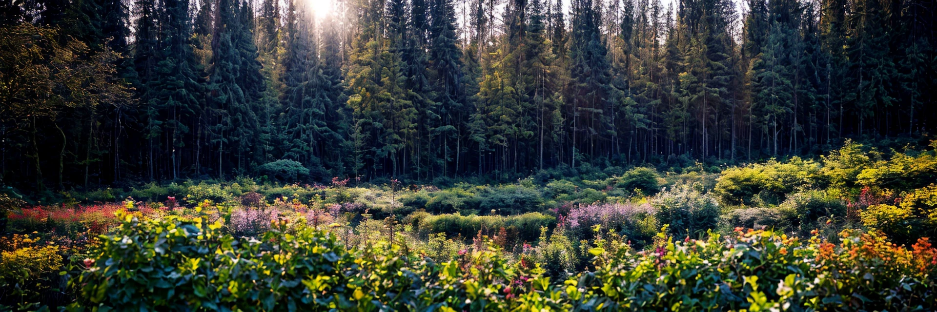 Bright sun shining through colourful dense garden forest.