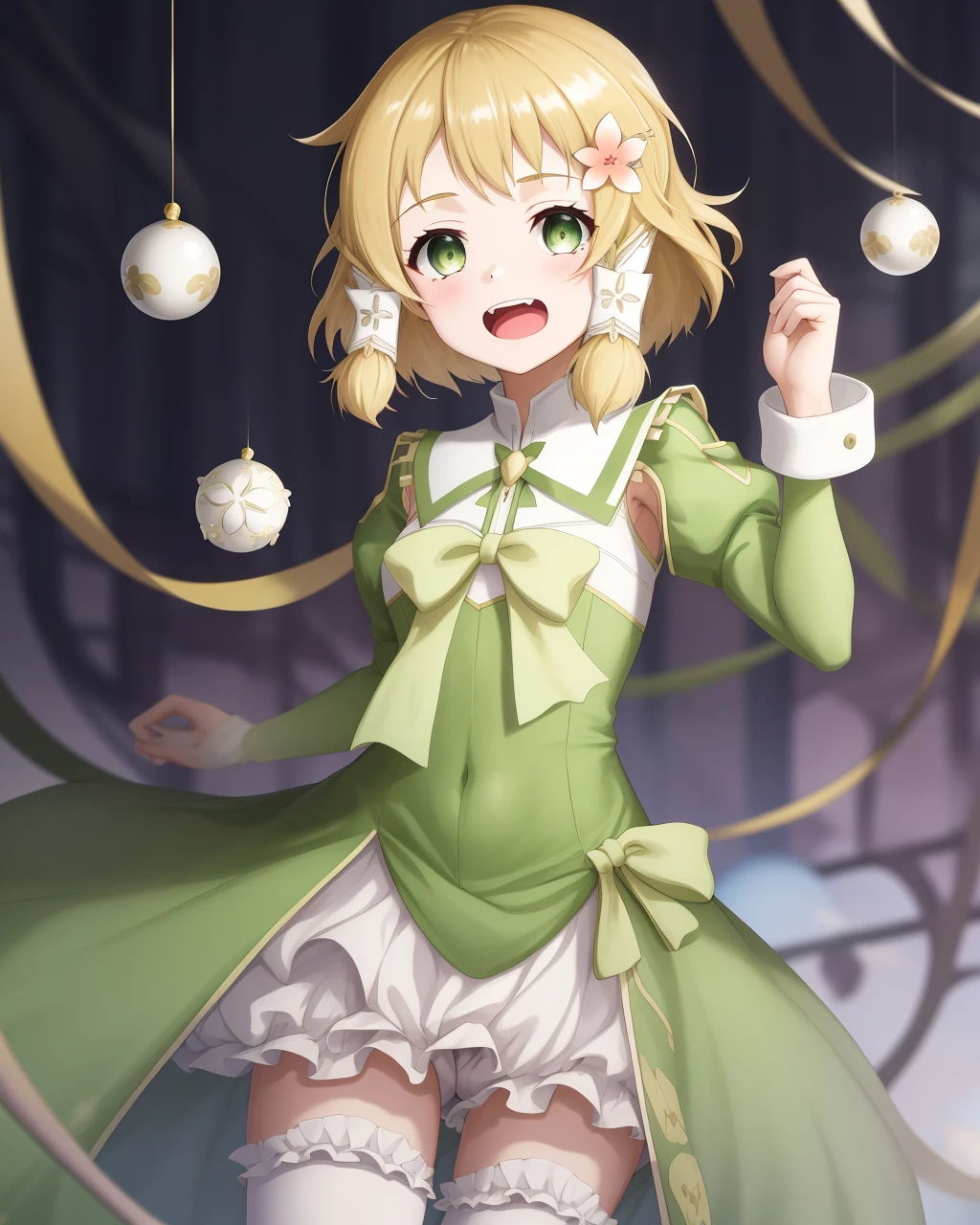 <lora:Inubozaki_Itsuki-10:0.8>,1girl, solo,short hair, green eyes, hair flower, blonde hair,bow, ornament,dress, green dress, bloomers,