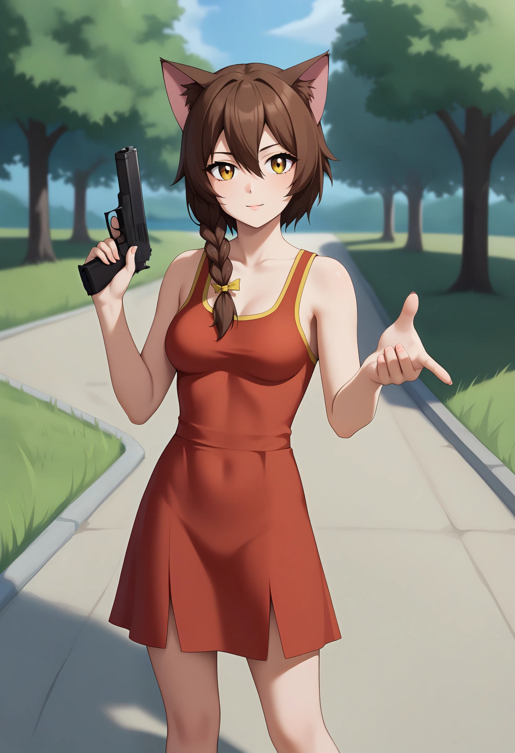 score_9, UVAO, 1girl, looking at viewer, brown_hair, cat_ears, hair_between_eyes, single braid, long_hair, yellow_eyes, red dress, outdoors, medium breasts, handgun <lora:UVAO-XL-pony:0.8>