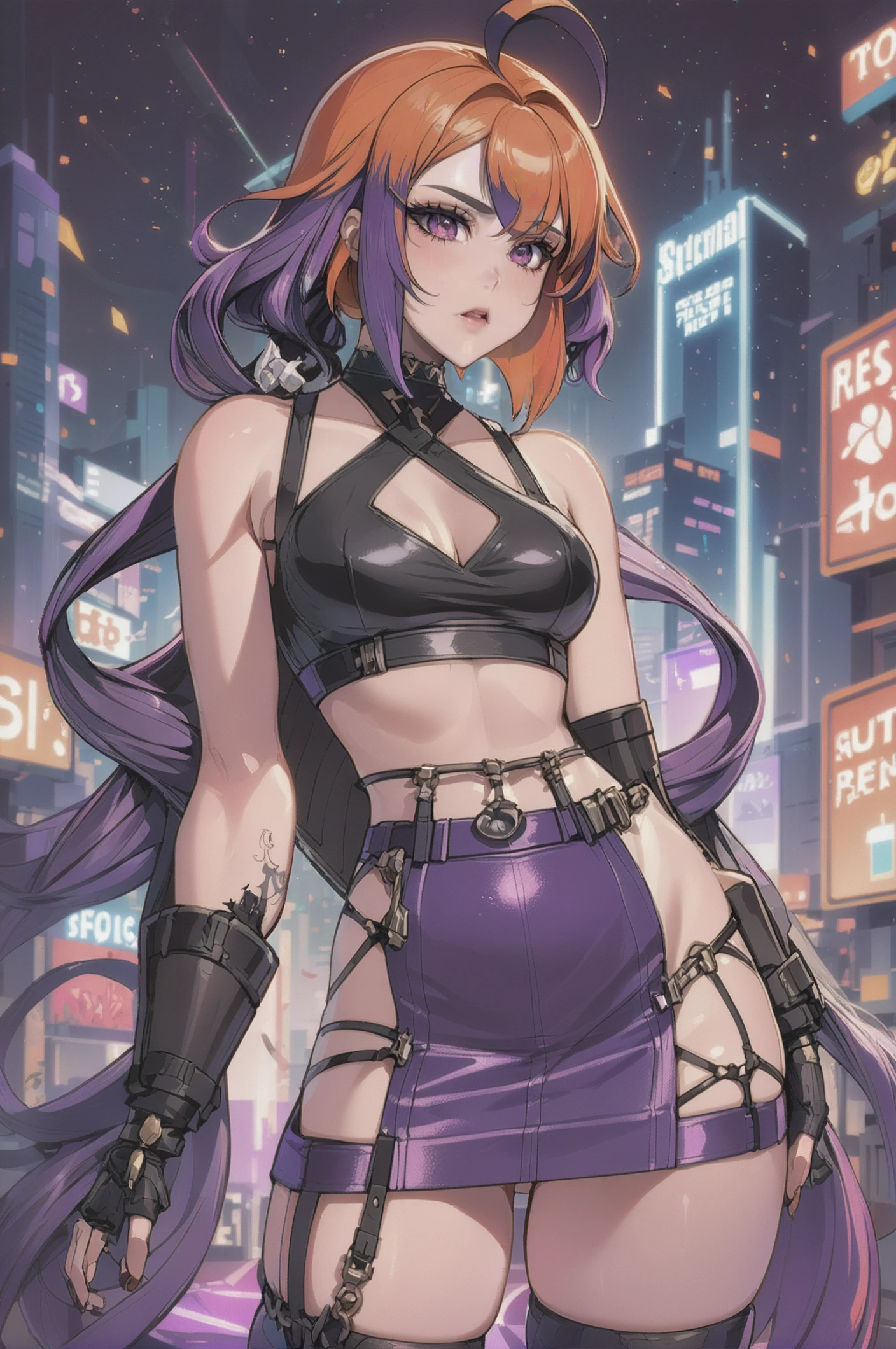 digital painting, 1girl, woman, goth sweet girl, cute, [:revealing, outlandish costume design,:0.2], bombshell punk hair, purple hair, Asymmetrical Bob, leather skirt, bombshell hair, cosmic color:sienna and orange hair, Twist Out, thick thighs, narrow waist, caucasian, high-end dance club in a wonderous,far future fantasy city beyond the end of time, masterpiece<lora:EnvyBetterHiresFixXL01:0@0,0@.49,1@.5:hr=1><lora:EnvyBeautyXL14:1>