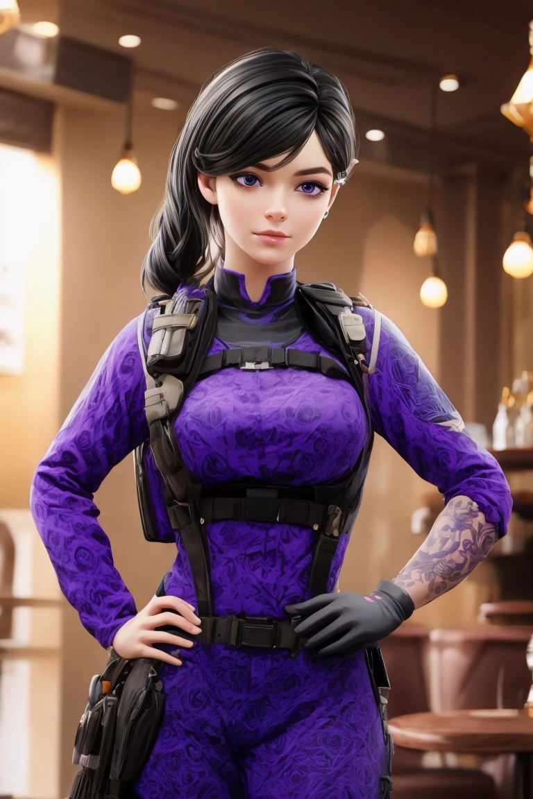 realistic, masterpiece, profesional image trending on artstation of 1 gilr Aruni,<lora:Aruni_from_Rainbow_Six_Siege:0.76> 1girl, aruni , purple eyes, slender, small breasts, black hair, flower in hair, scar on face,trench coat, leather gloves, and aviator goggles , Standing with one hand on the hip and the other hand on the back of the head, with a confident and relaxed expression on the face. , (((in fancy caffe background,))) perfect quality, rim lights, detialed, cowboy shot , perfect body proportions, realistic skin details BREAK, ultrasharp, ultradetailed, perfect quality, masterpiece, intricated details, ultra clear, <lora:add_detail:0.7>, <hypernet:sxzBloom_sxzBloom:0.3>, detailed skin perfectly detailed face, sharp face,