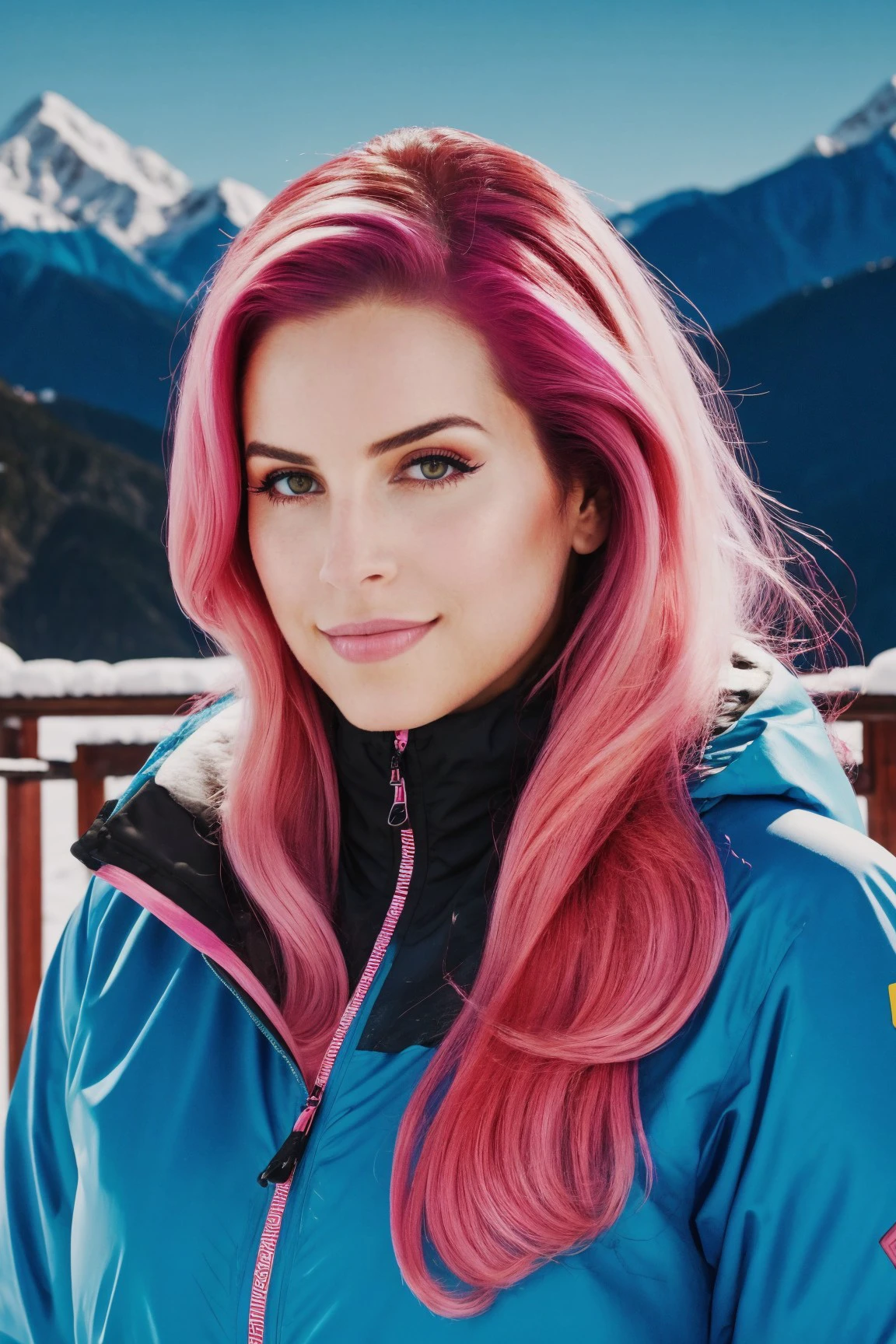 amelie reyhart mid shot close up, pink hair, young, makeup, smile,
beautiful face, masterpiece, highres, realistic,
Coat,
Snowy mountain lodge and ski slopes,
<lora:amelie_reyhart:0.9>