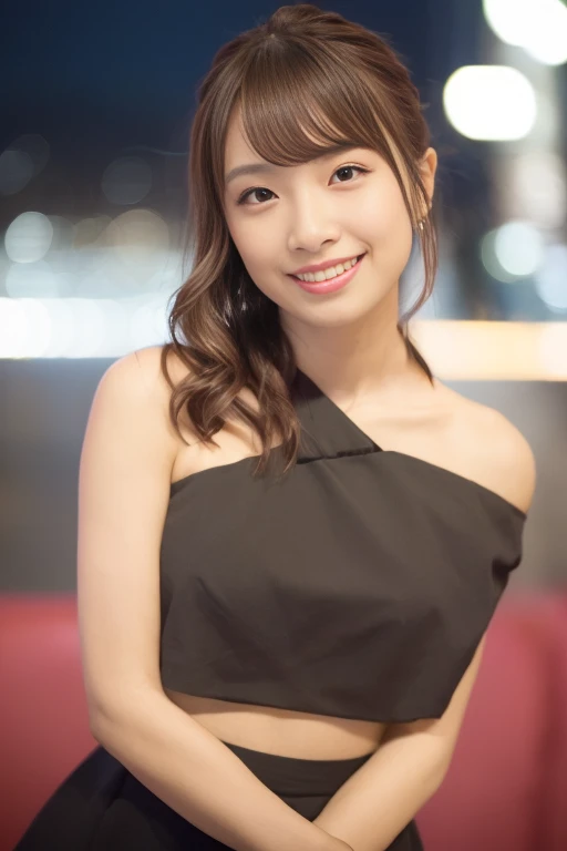 A very cute face like an idol、Looks like a young face、20-year-old female、Gentle and cute、A kind smile、Cleavage、Red dress、whole body像、whole body、Stylish night bar counter、Indirect lighting at night、Holding a wine glass、whole body、RAW Photos、Genuine、Artistic、Real Stick、High resolution、Genuine Life、No copyright notice