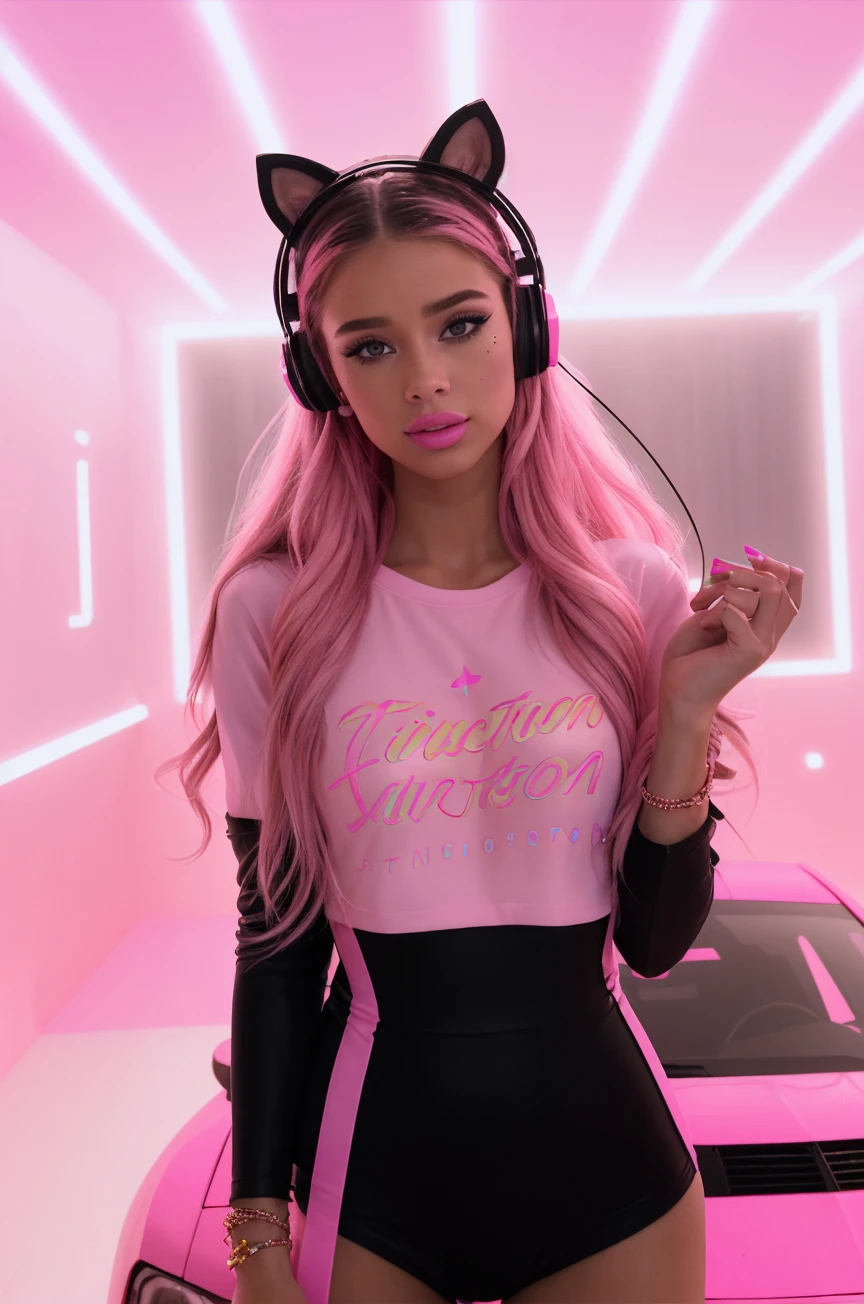(Cinematic Shot) (Shot on Aaton LTR 54)  E-Girls_Mansion_Funkee with Headset (Pink T-Sirt:1.5)(Black Walls:1.3) (Neon Signs:1.3)(LED  CEILING STRIPS:1.3) (lens flare:1.3) insanely detailed and intricate, character, hypermaximalist, beautiful, exotic, revealing, appealing, attractive, amative, hyper realistic, (super detailed:1.3), (pink volumetric smoke:1.3)