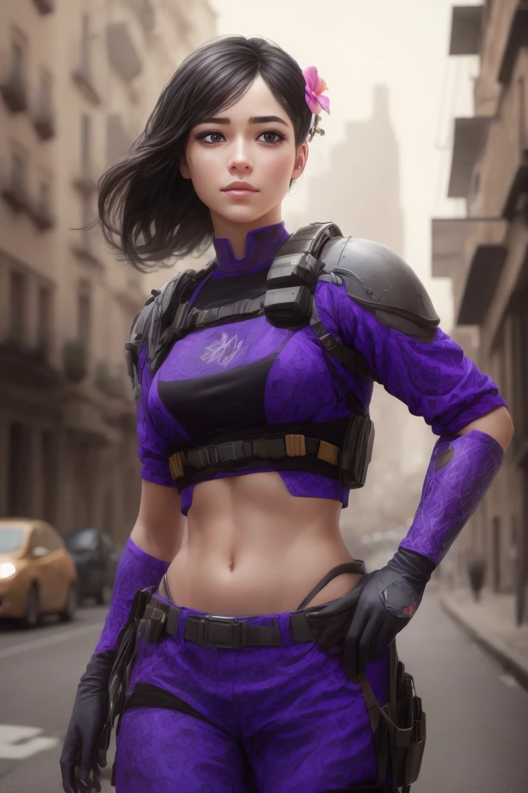 realistic, masterpiece, profesional image trending on artstation of 1 gilr Aruni, <lora:Aruni_from_Rainbow_Six_Siege:0.75> 1girl, aruni , purple eyes, slender, small breasts, black hair, flower in hair, scar on face, ((total naked)), sexy , Standing with one hand on the hips and the other hand on the back of the head, with a thoughtful and serious expression on the face. , (((in modern city streeet background,))) perfect quality, rim lights, detialed, focus on character , perfect body proportions, realistic skin details BREAK, ultrasharp, ultradetailed, perfect quality, masterpiece, intricated details, ultra clear, <lora:add_detail:0.7>, <hypernet:sxzBloom_sxzBloom:0.3>, detailed skin perfectly detailed face, sharp face, hotify