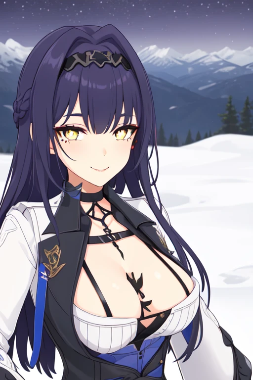 1girl, solo, masterpiece, looking at viewer, night, portrait, upper body, landscape, outdoors, smile, looking at viewer, closed mouth, mountain, <lora:flaviav1:0.7>, flavia, black gloves, large breasts, long hair, cleavage,long sleeves, jacket, mole under eye, skirt, between breasts, choker, black hairband, white shirt, yellow eyes, symbol-shaped pupils,