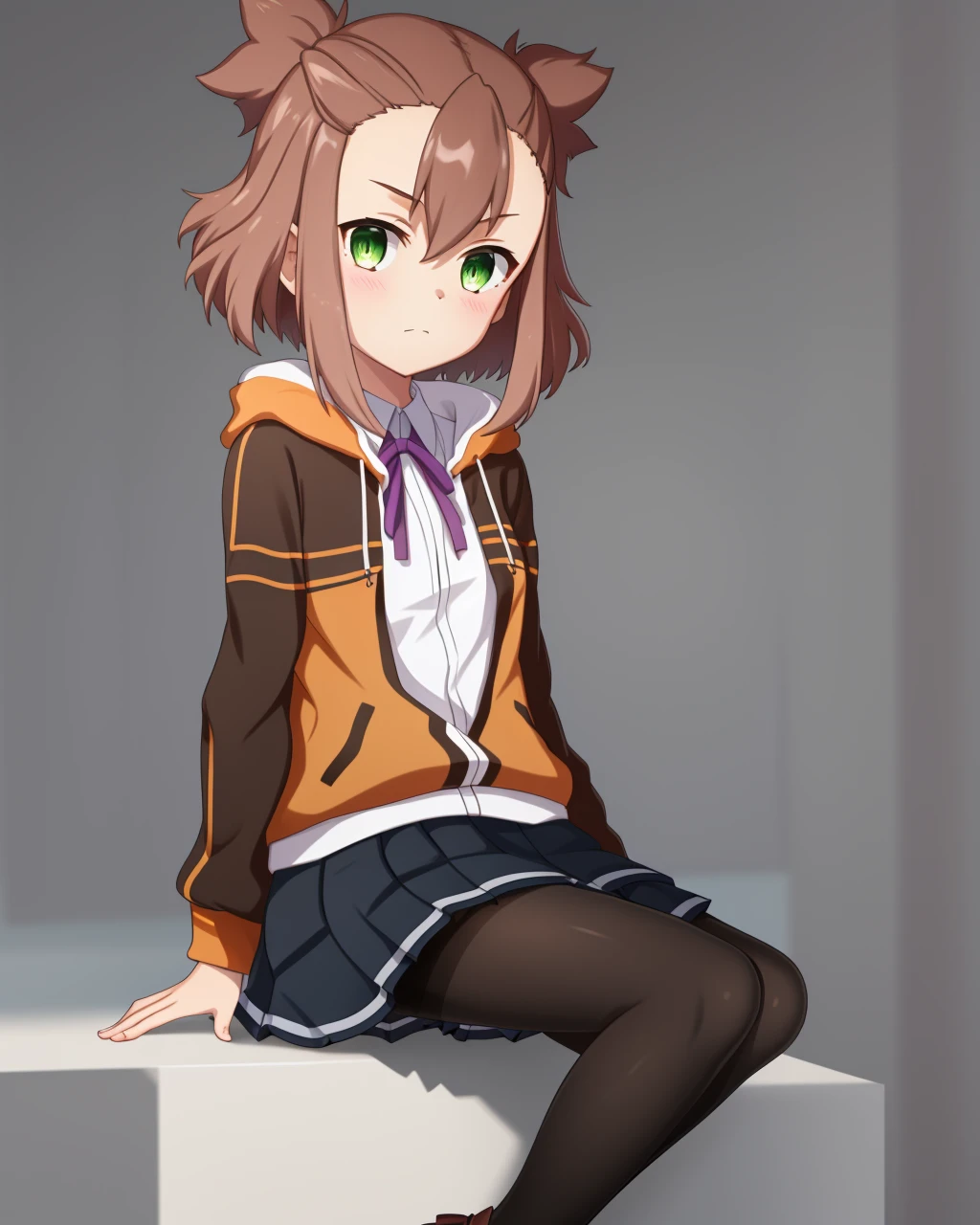 <lora:Doi_Tamako-10:0.8>,1girl, solo,short hair, skirt,brown hair, shirt,ribbon, school uniform,green eyes, jacket, pantyhose, pleated skirt, black pantyhose, purple ribbon,