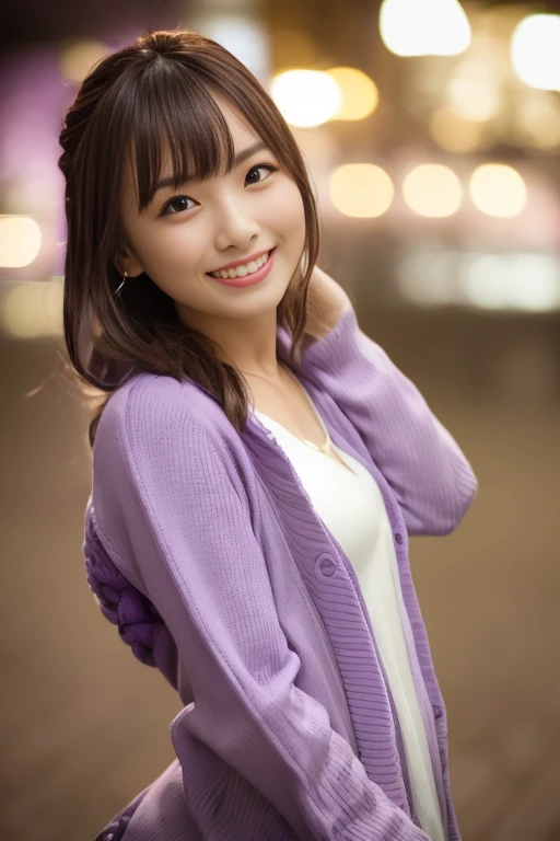 1girl, (purple cardigan:1.6),(RAW photo, best quality:1.4), (realistic, photo-realistic:1.4), masterpiece, an extremely delicate and beautiful, extremely detailed, 2k wallpaper, Amazing, finely detail, extremely detailed CG unity 8k wallpaper, ultra-detailed, highres, soft light, beautiful detailed girl, extremely detailed eyes and face, beautiful detailed nose, beautiful detailed eyes,cinematic lighting,(blurry,bokeh backgound:1.6),(in building:1.6),perfect anatomy,(slender body:1.0),(close up face,focus face:1.4),(smile,Friendly, warm:2.0),(looking at viewer:1.8),(young japanese idol:1.8),(wavy shoulder length brown hair:1.8), (brown eyes:1.8),(standing:1.6), <lora:suganumachisa_lora-10:0.8>