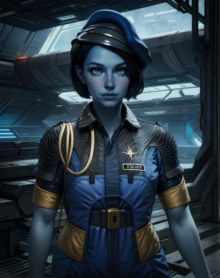 nikkiG,blue eyes,blue skin,black hair,short hair,
uniform,short sleeves,hat,
standing,upper body,
science fiction,station,
(insanely detailed, masterpiece, best quality),
<lora:NikkiG-11GOG:0.8>,