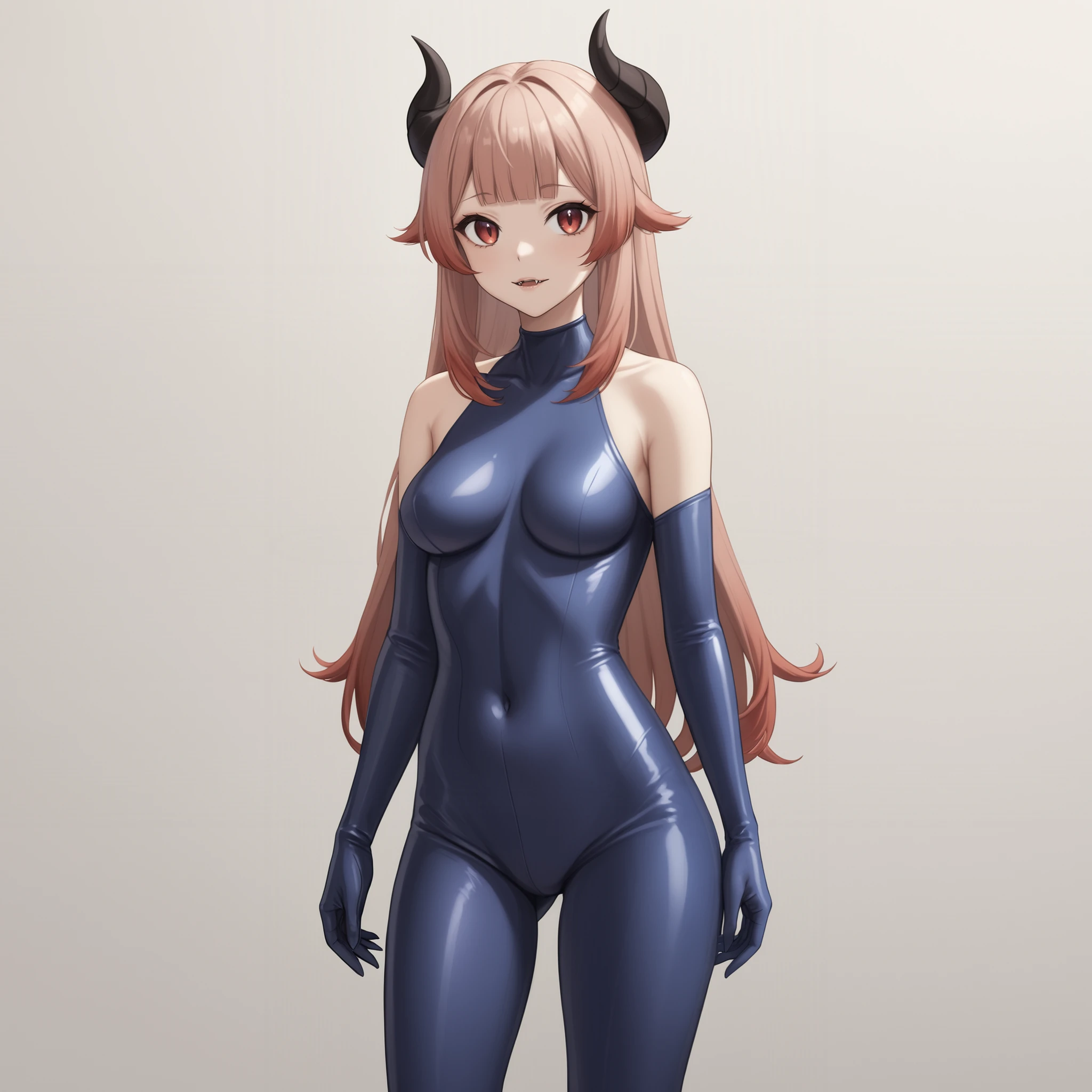 1girl, person faux, latex b34n bodysuit, blue bodysuit, vampire, fangs, horns, bare shoulders, cowboy shot, simple background<lora:ciara-animaginexl-1-000005:0.8> <lora:b34n-animaginexl-1-000009:0.3>
