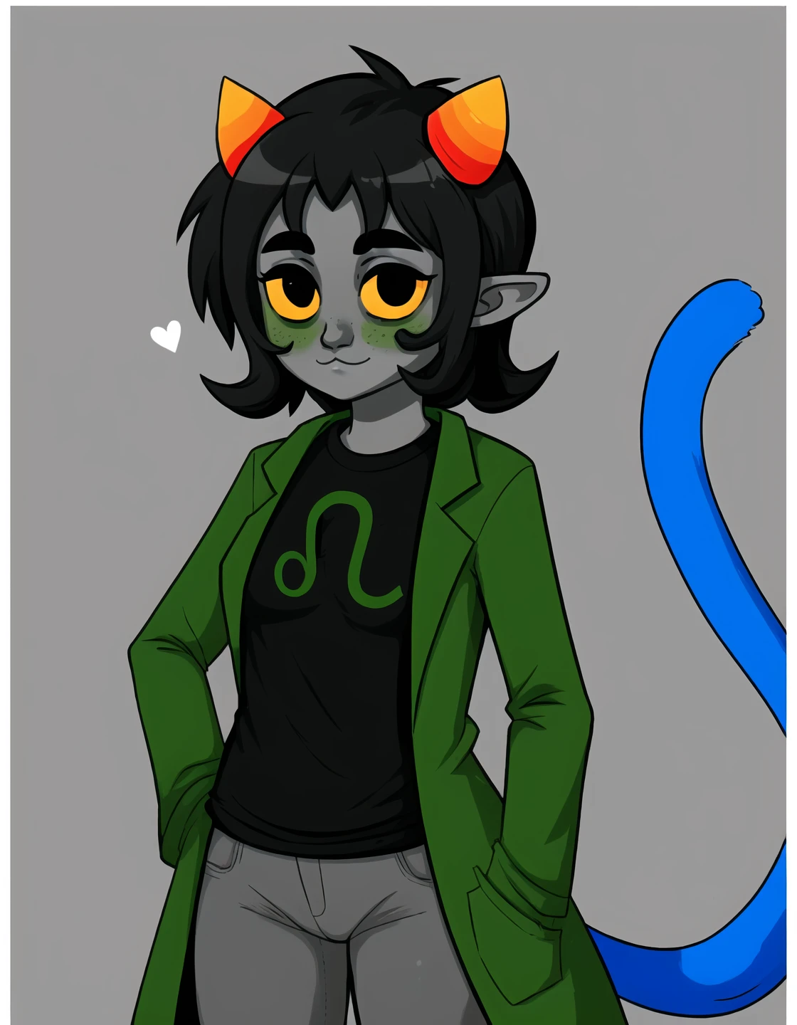 nepeta <lora:nepeta:1>, ((symbol on shirt)),1girl, solo, ((colored skin, grey skin)), pale, black hair, yellow sclera, horns, black shirt, green coat