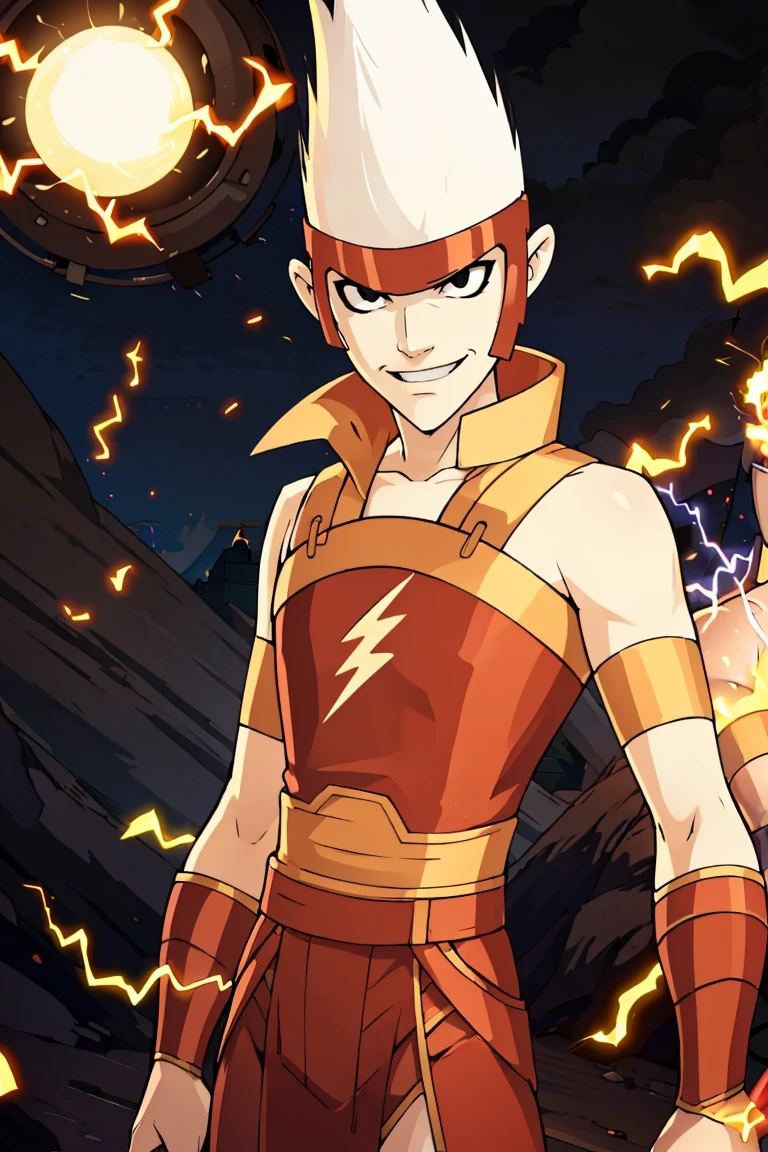 ((masterpiece,best quality)), absurdres, <lora:Lightning:0.8>, Lightning, 1boy, solo, male focus, pale skin, black eyes, spiked hair, white hair, armor, electricity, belt, solo, smiling, looking at viewer, cowboy shot,