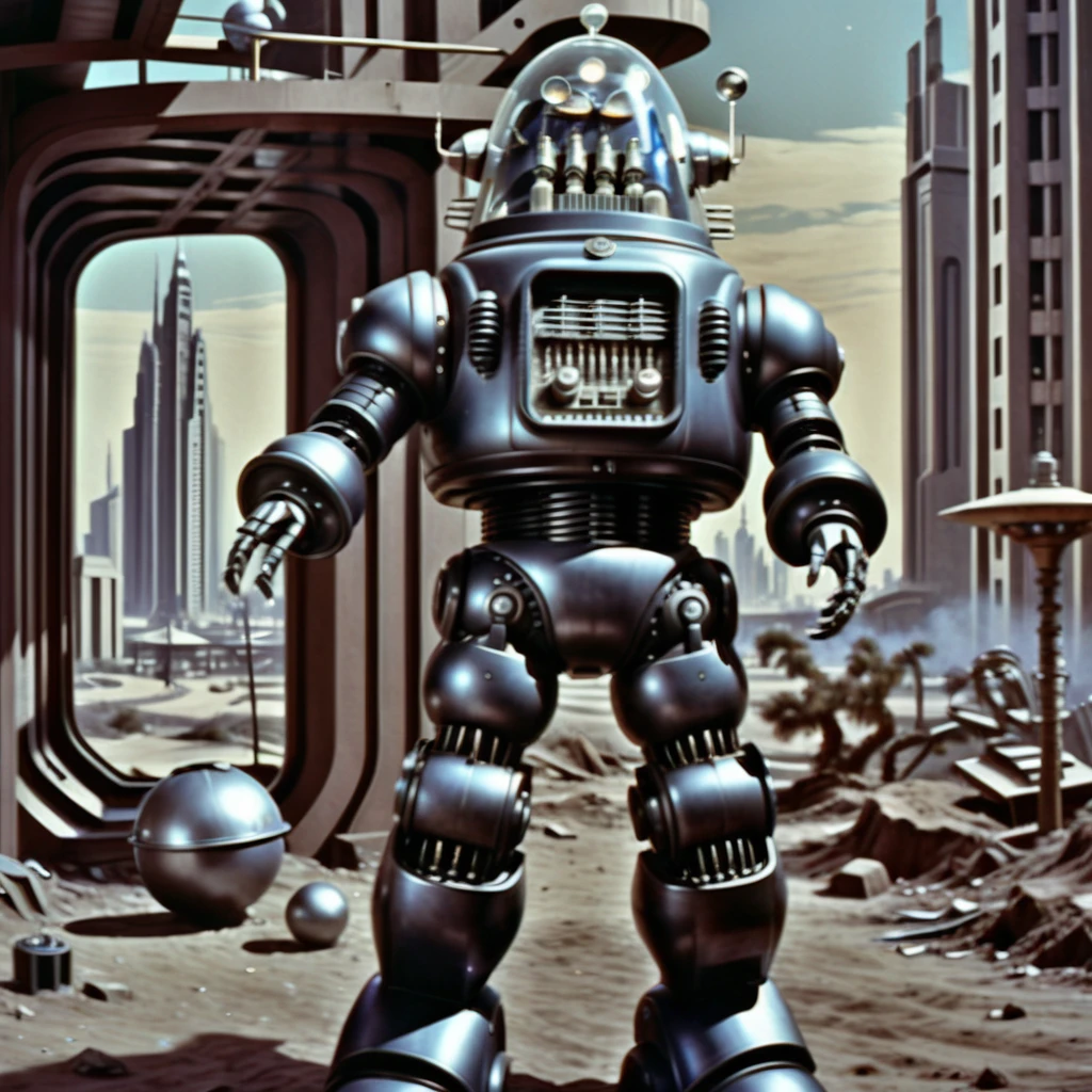 Robbie_FP50, 16k, movie still, ((cinematic)), full body standing robot, science fiction, realistic, (intricate details:1.1), retro artstyle, futuristic sci-fi city background, helmet, (extremely detailed:1.3), Forbidden Planet, metal spheres legs, <lora:Robbie_FP50_XL:1> Robbie_FP50