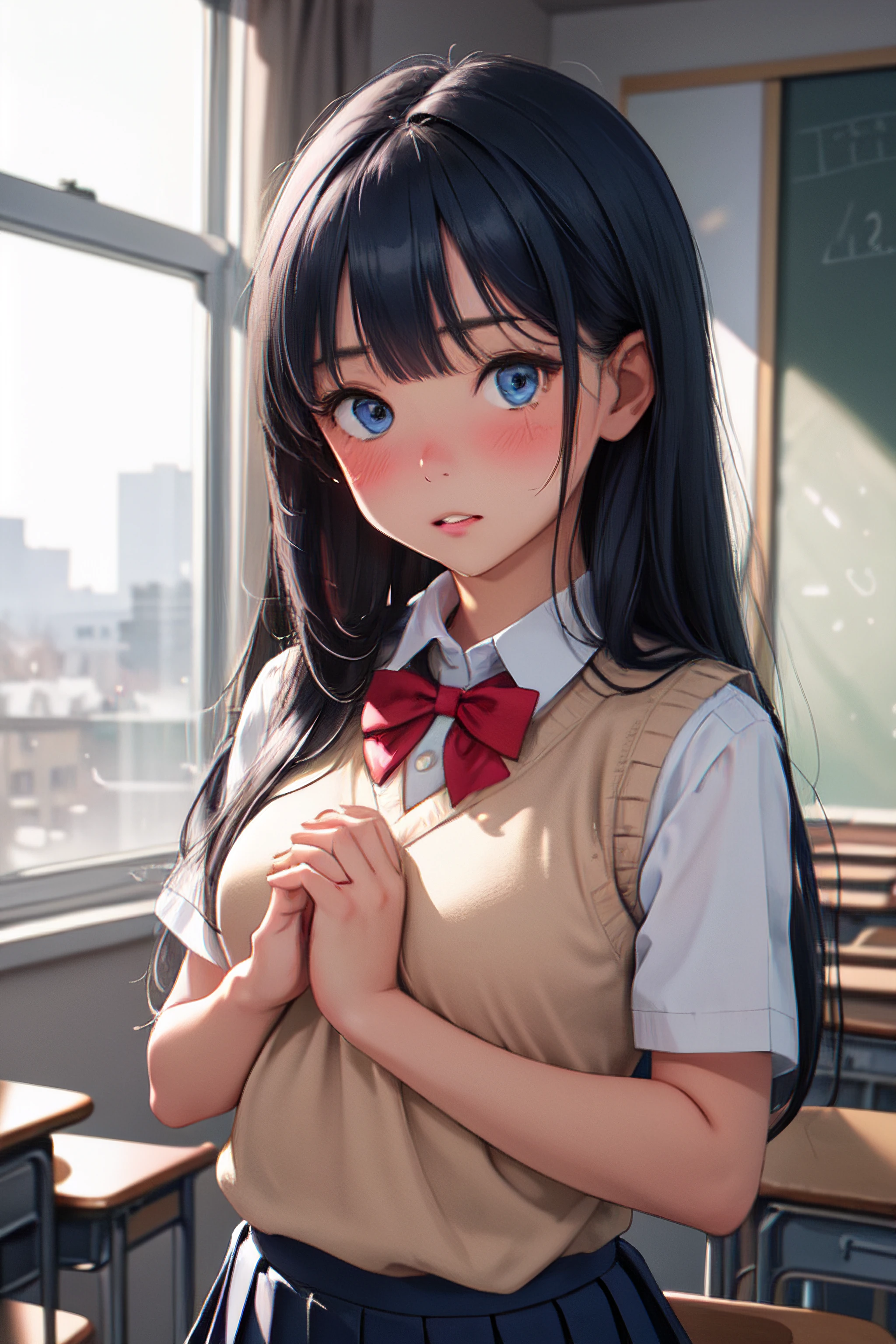 (masterpiece, best quality, highres), 1girl, solo, dark blue hair, very long hair, straight hair, blunt ends, asymmetrical bangs, blue eyes, medium breasts, toned, school uniform, white collared shirt, red bowtie, sweater vest, school emblem, dark blue pleated skirt, hands up, own hands together, upper body, classroom, window, backlighting, looking at viewer, embarrassed, blush, full-face blush, parted lips, spoken blush