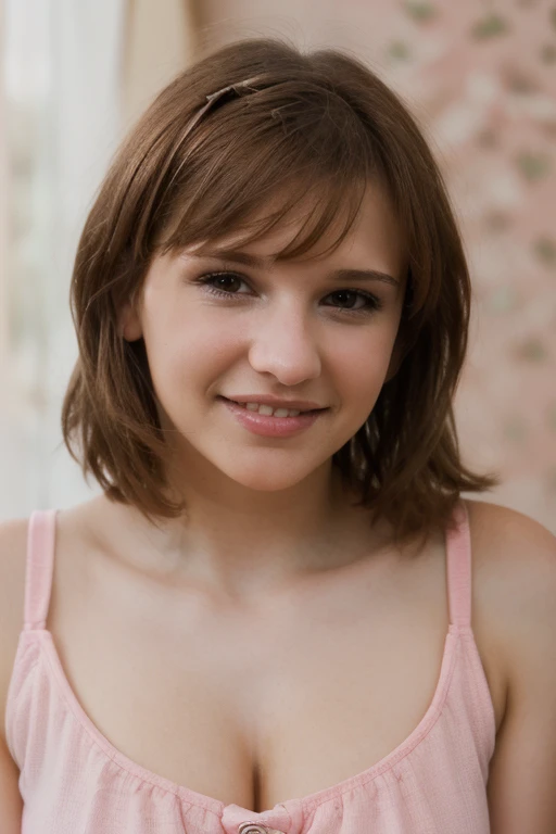 m4r14m, portrait, from front, cleavage, brown hair, pink dress, smile, looking at viewer, head tilt, blurry background, <lora:m4r14m:1>