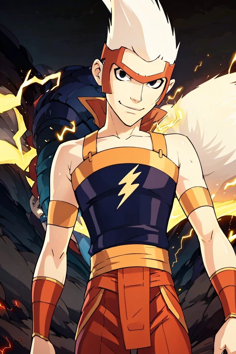 <lora::0.6>, ((masterpiece,best quality)), absurdres, <lora:Lightning:0.8>, Lightning, 1boy, solo, male focus, pale skin, black eyes, spiked hair, white hair, armor, electricity, belt, solo, smiling, looking at viewer, cowboy shot,