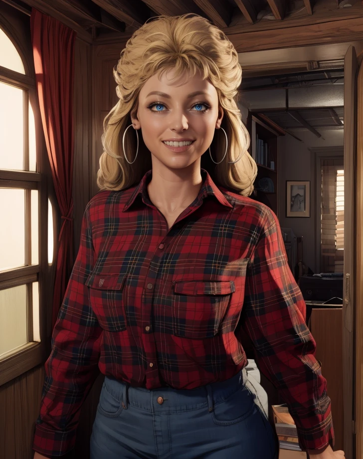 Meredith,blonde hair,blue eyes,
hoop earrings,pleated shirt,
standing,upper body,smile,
cozy home,
(insanely detailed, masterpiece, best quality),solo,<lora:MeredithQuill:0.8>,