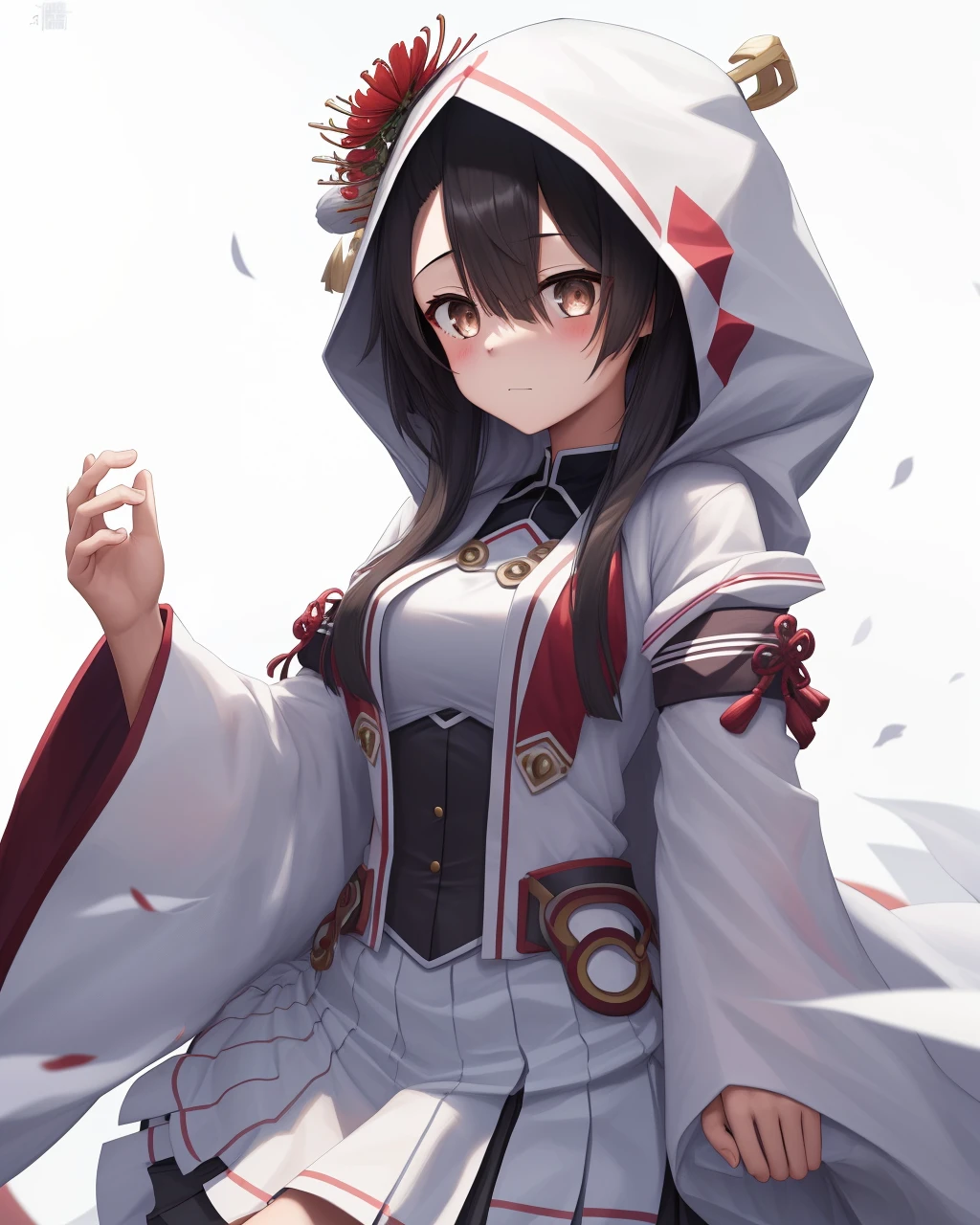 <lora:Koori_Chikage-10:0.8>,1girl, solo,shirt, black hair,dark brown eyes,hair between eyes,flower,White pleated skirt,White japanese clothes, wide sleeves,hood, red flower,