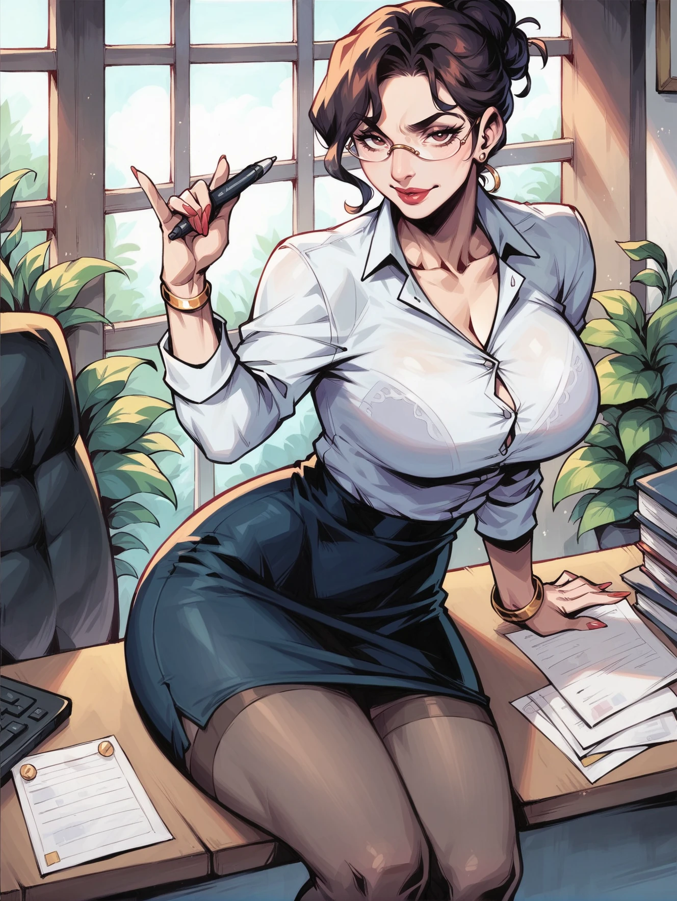 score_9, score_8_up, score_8, mature businesswoman sitting in office looking at viewer, <lora:ArtgermCopicXL:1>