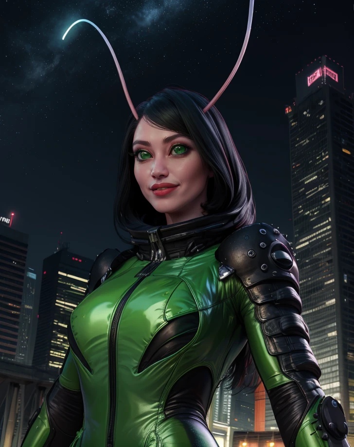 mantis,black hair,green eyes,antennae,
looking at viewer,upper body,
black and green bodysuit,standing,smile,
city, science fiction, night,
(insanely detailed, beautiful detailed face, masterpiece, best quality),
<lora:mantis:0.8>,