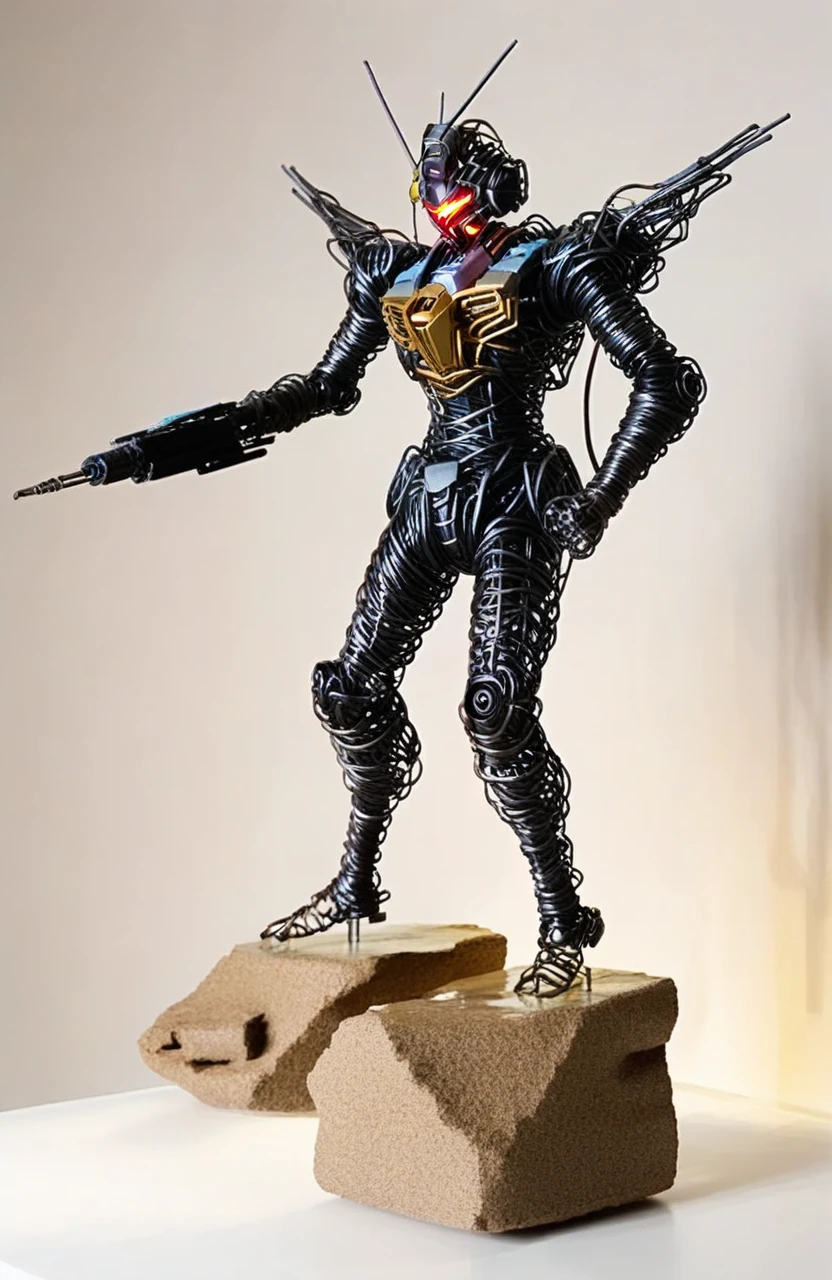 wire art, Gundam Mecha stands in the middle of the broken continent, the end of the rapid water flow, science fiction art, light and shadow gradient of the sky<lora:éä¸èºæ¯:0.7>
