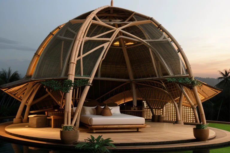 outdoor view of dome like building built with bamboostructure in bali  bamboo roof and walls evening time