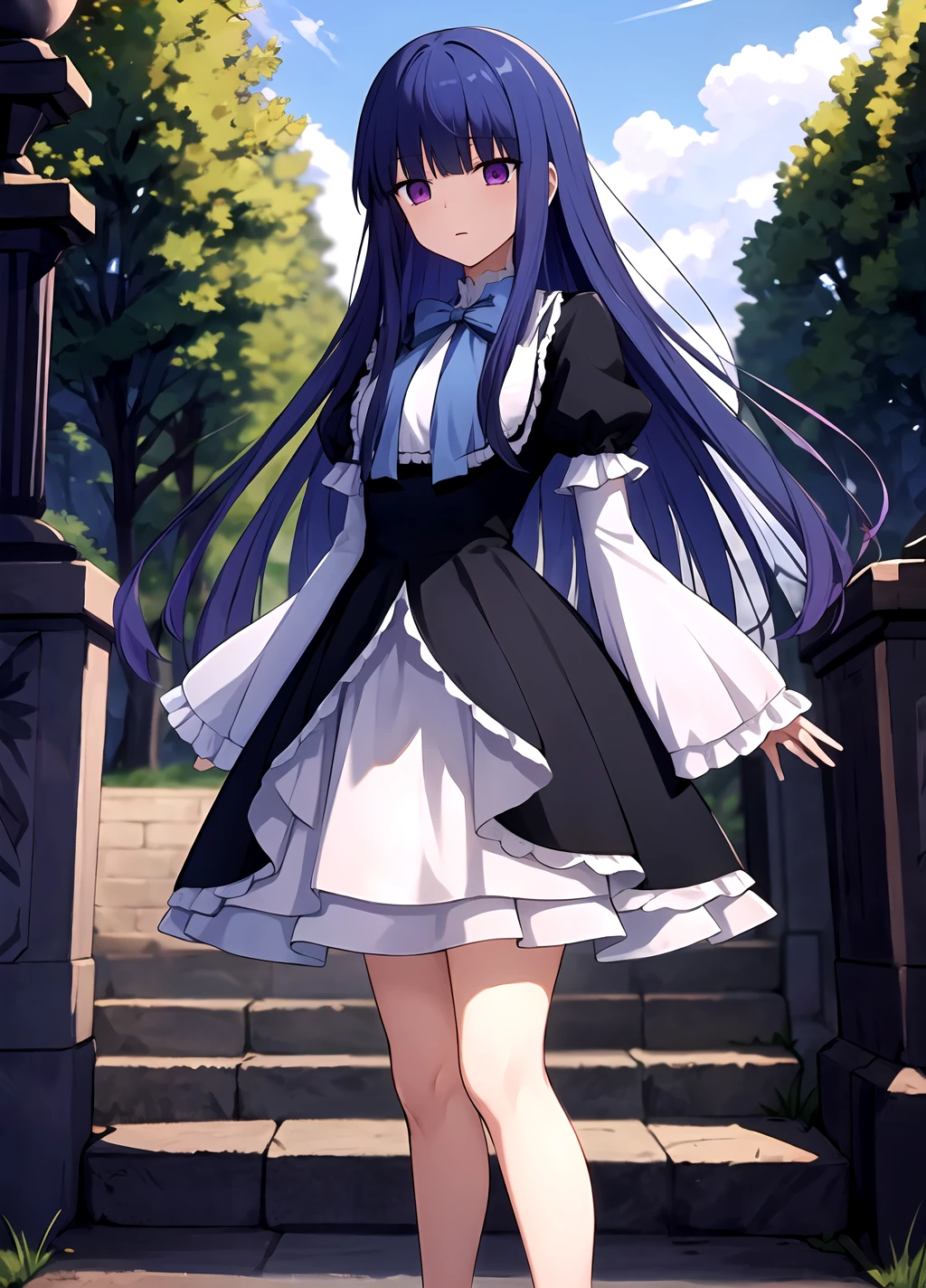 masterpiece, best quality, highres, background green field, frederica bernkastel, long hair, (blue hair:1.2), outdoors, blunt bangs, purple eyes, bowtie, frills, black dress, puffy sleeves, short over long sleeves, long sleeves, legs, standing, <lora:Frederica Bernkastel anylora8ep40r50r80r-000006:0.7>,