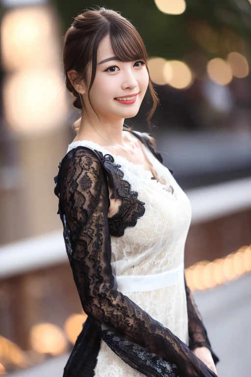1girl, (lace dress:1.8),(RAW photo, best quality:1.4), (realistic, photo-realistic:1.4), masterpiece, an extremely delicate and beautiful, extremely detailed, 2k wallpaper, Amazing, finely detail, extremely detailed CG unity 8k wallpaper, ultra-detailed, highres, soft light, beautiful detailed girl, extremely detailed eyes and face, beautiful detailed nose, beautiful detailed eyes,cinematic lighting,(blurry,bokeh backgound:1.6),(night, city view:1.6),perfect anatomy,(slender body:1.0),(close up face,focus face:1.4),(smile,Friendly, warm:2.0),(looking at viewer:1.8),(young japanese idol:1.8),(wavy shoulder length brown hair:1.8), (brown eyes:1.8),(standing:1.6), <lora:yuinamizuki _lora-10:0.8>