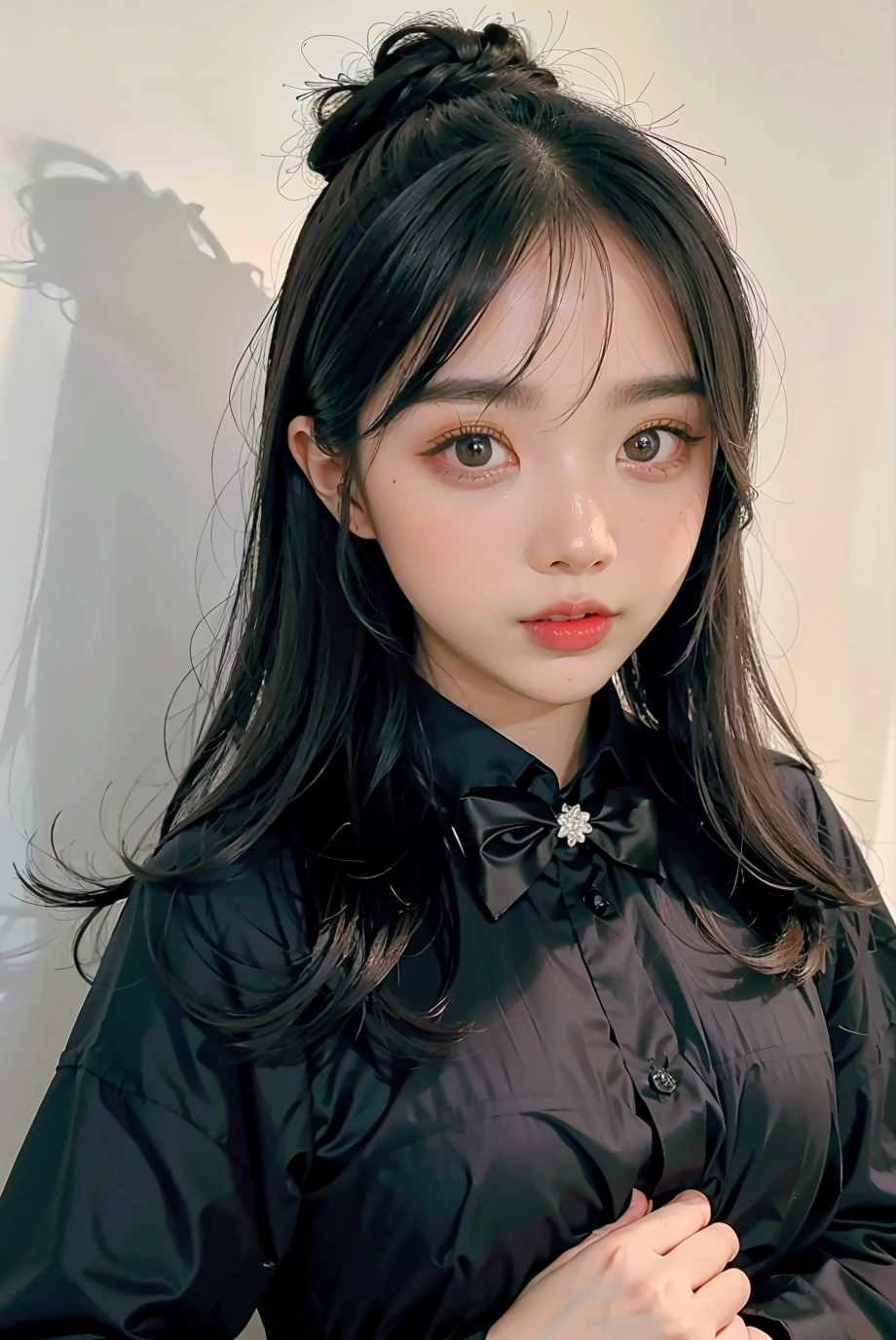 1girl, black  formal attire, white background, <lora:lilypichu-04:1>