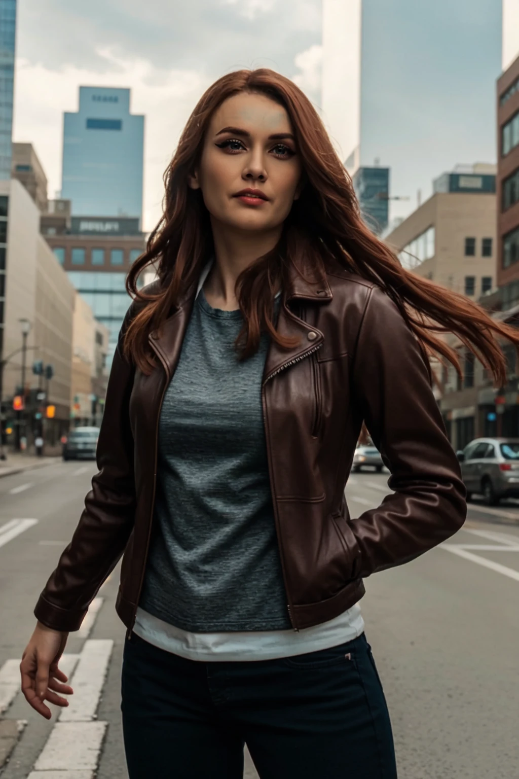 <lora:mondongo_LoRA_KaryByron_v2:1> mndngwmn, (ultra realistic, 8k,high quality),(medium shot), wearing a leather jacket, on a city downtown